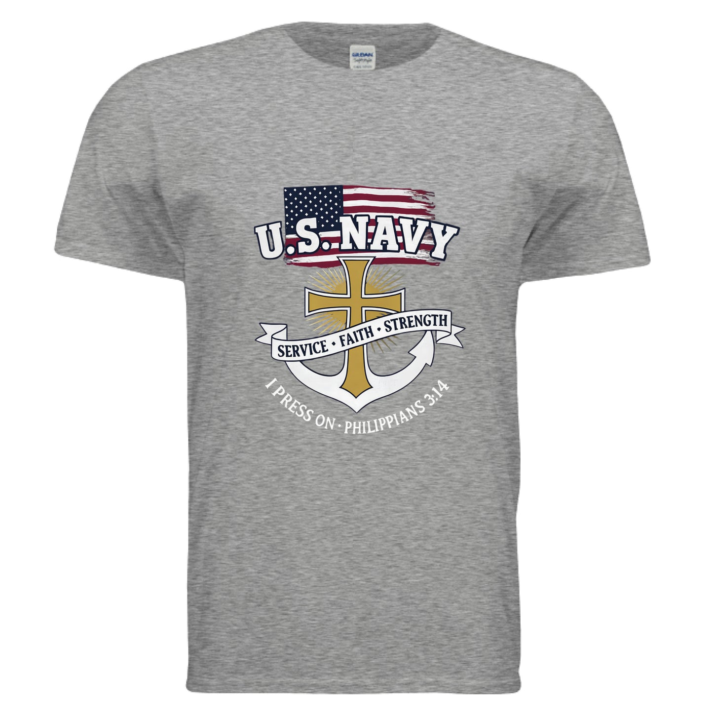 Service Faith Strength I Press On Philippians 3:14 Faith T-Shirt (Navy) GRAPHITE HEATHER Salvation Clothing and Accessories Apparel