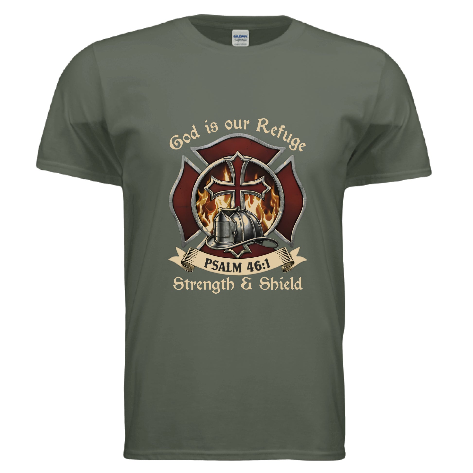God is our Refuge Strength & Shield Psalm 46:1 Faith T-Shirt (Firefighter) Salvation Clothing and Accessories Apparel