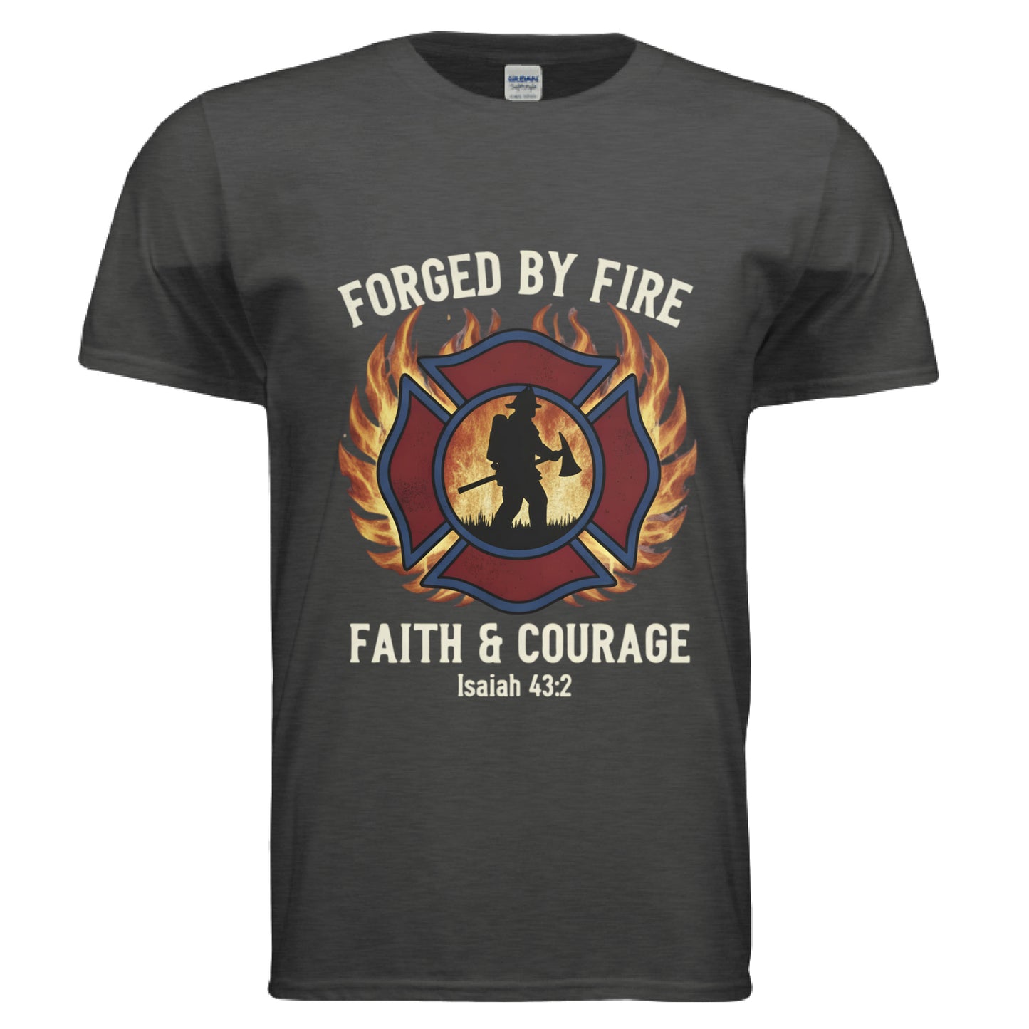 Forged by Fire Faith and Courage Isaiah 43:2 Faith T-Shirt (Firefighter) Heather Dark Grey Salvation Clothing and Accessories Apparel