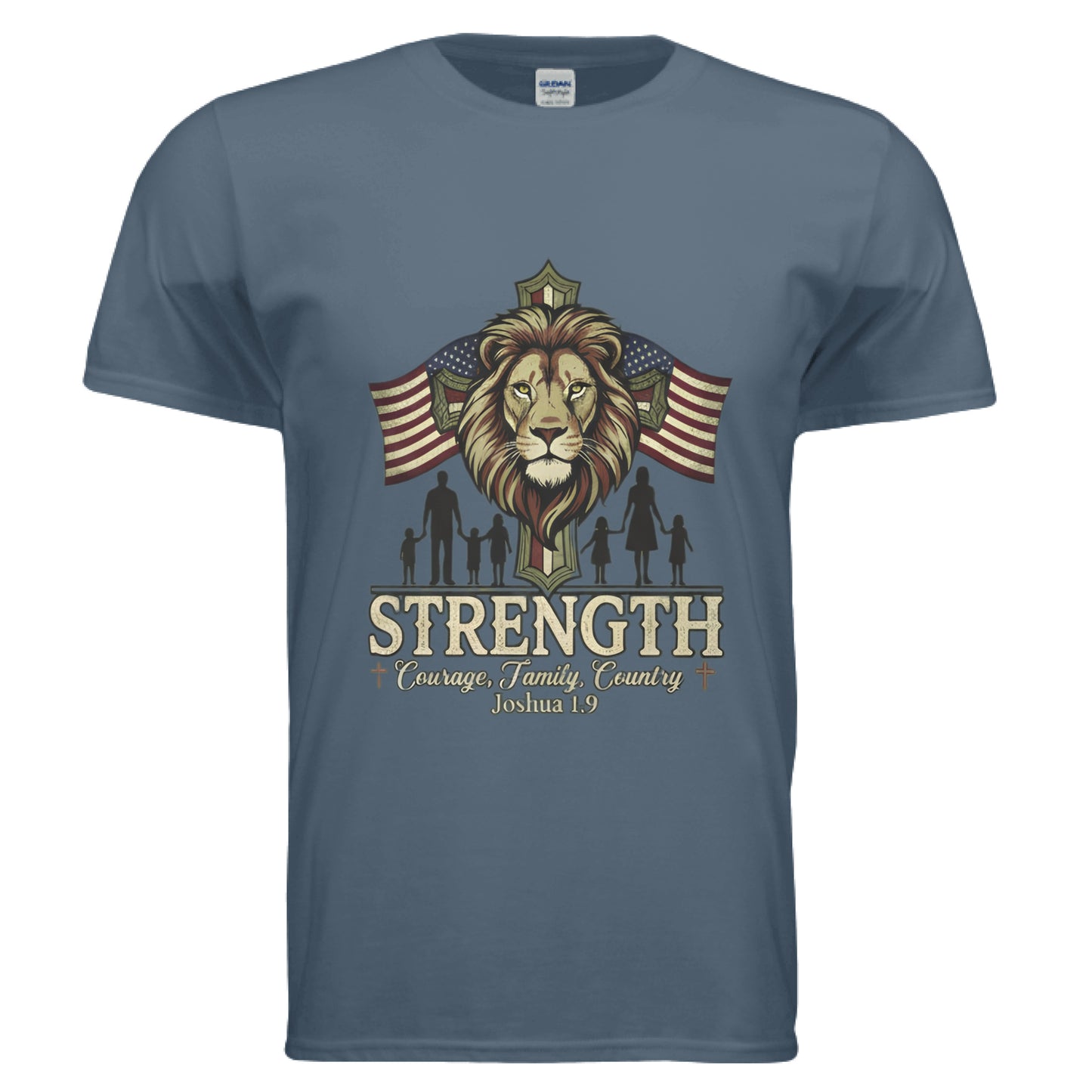 STRENGTH Courage Family Country Joshua 1:9 Faith T-Shirt INDIGO BLUE Salvation Clothing and Accessories Apparel