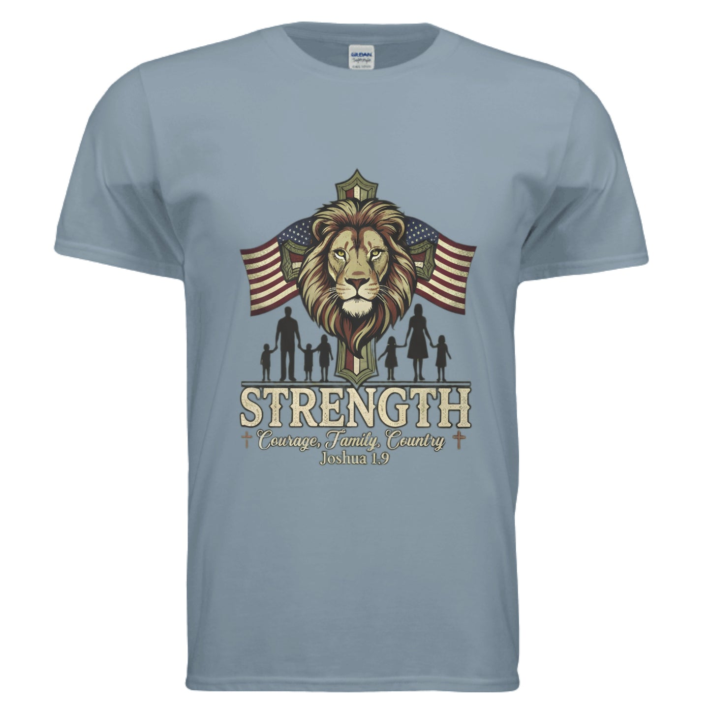 STRENGTH Courage Family Country Joshua 1:9 Faith T-Shirt Stone Blue Salvation Clothing and Accessories Apparel