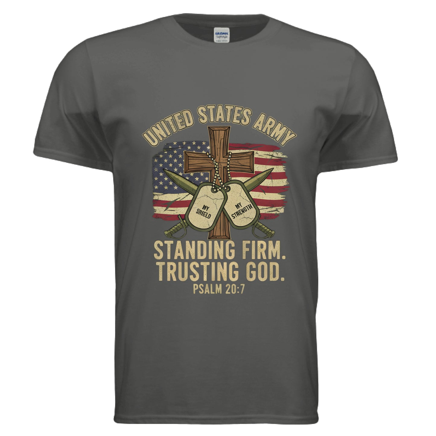 United States Army Standing Firm Trusting God Psalm 20:7 Faith T-Shirt CHARCOAL Salvation Clothing and Accessories Apparel