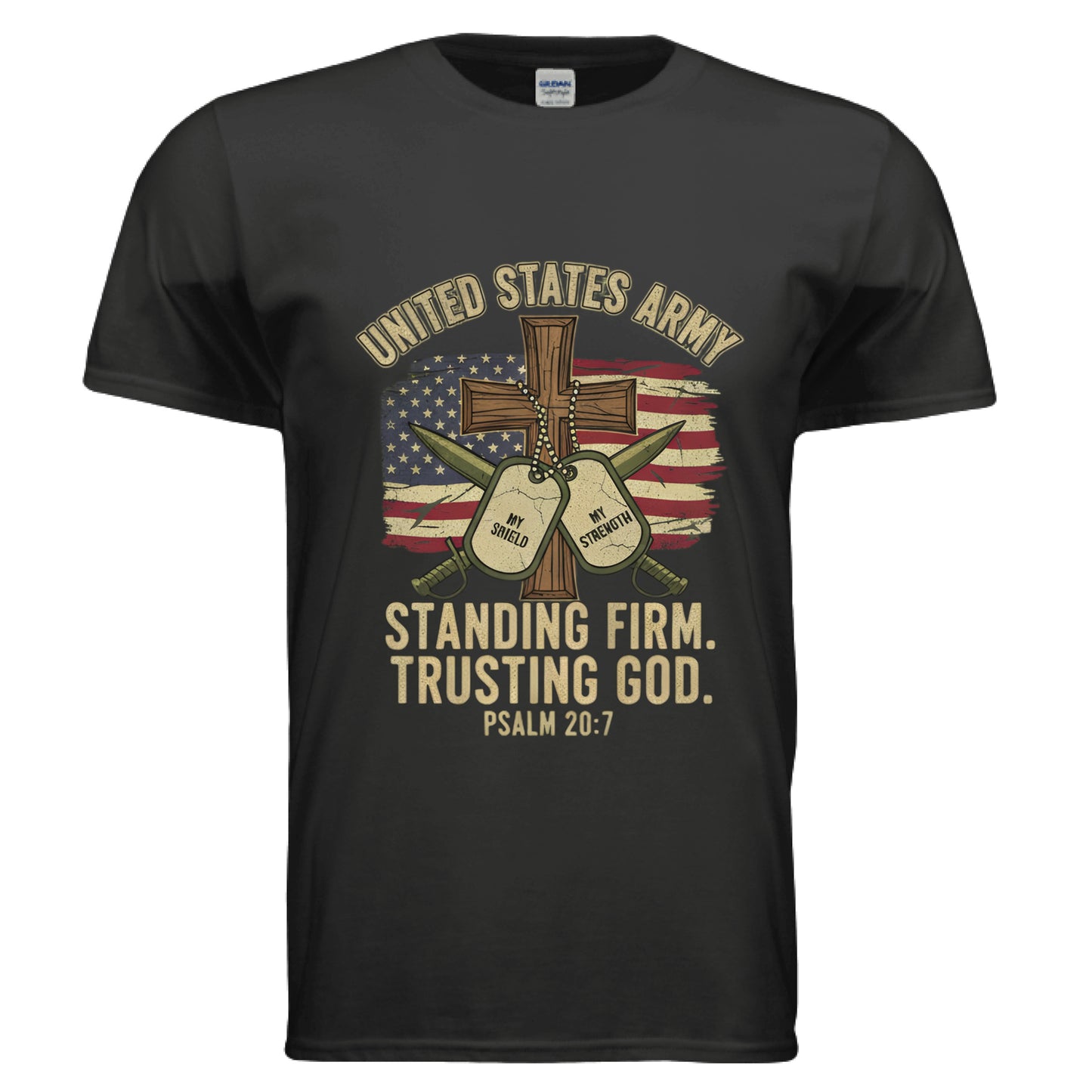 United States Army Standing Firm Trusting God Psalm 20:7 Faith T-Shirt BLACK Salvation Clothing and Accessories Apparel