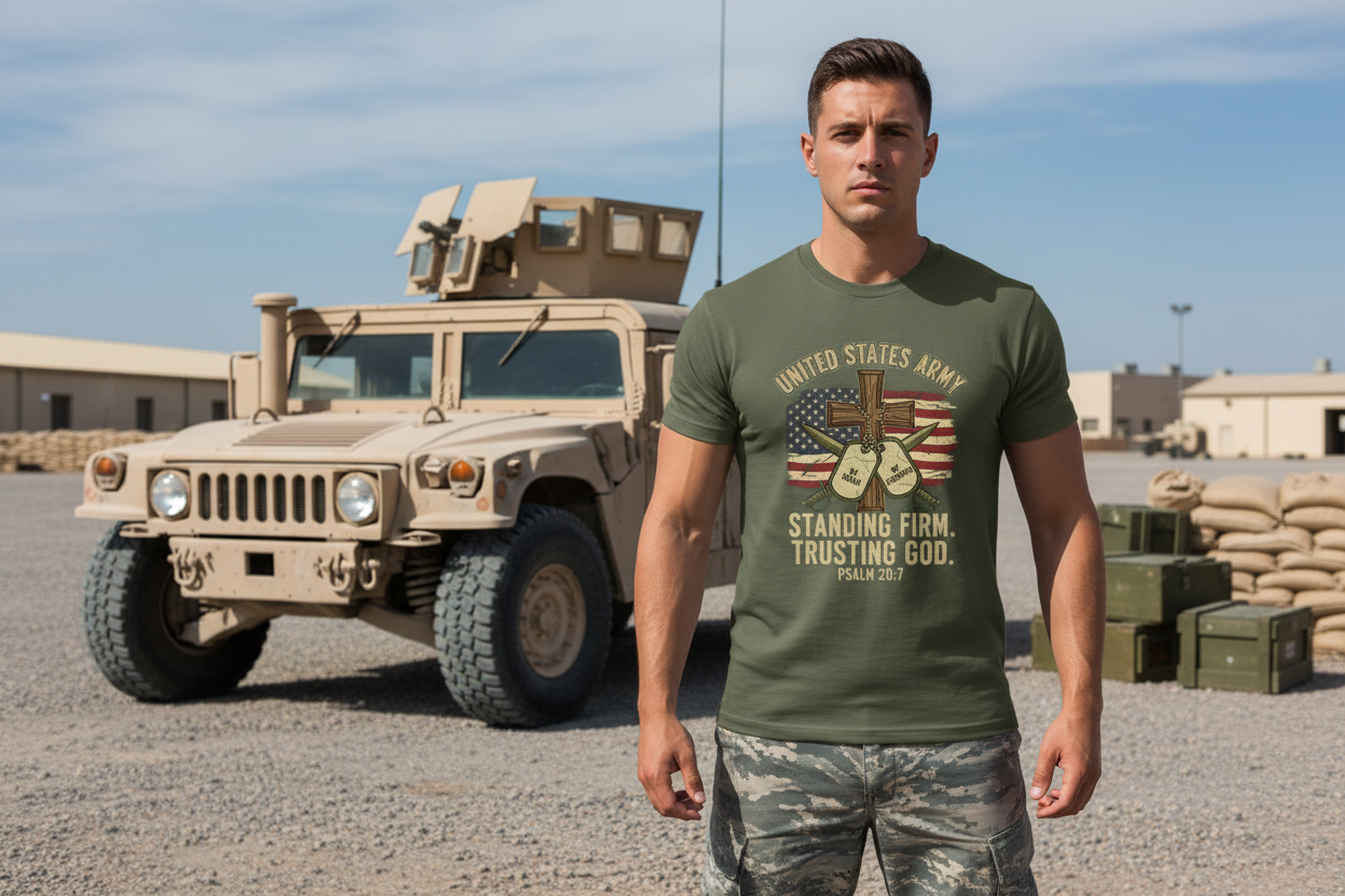 United States Army Standing Firm Trusting God Psalm 20:7 Faith T-Shirt Salvation Clothing and Accessories Apparel