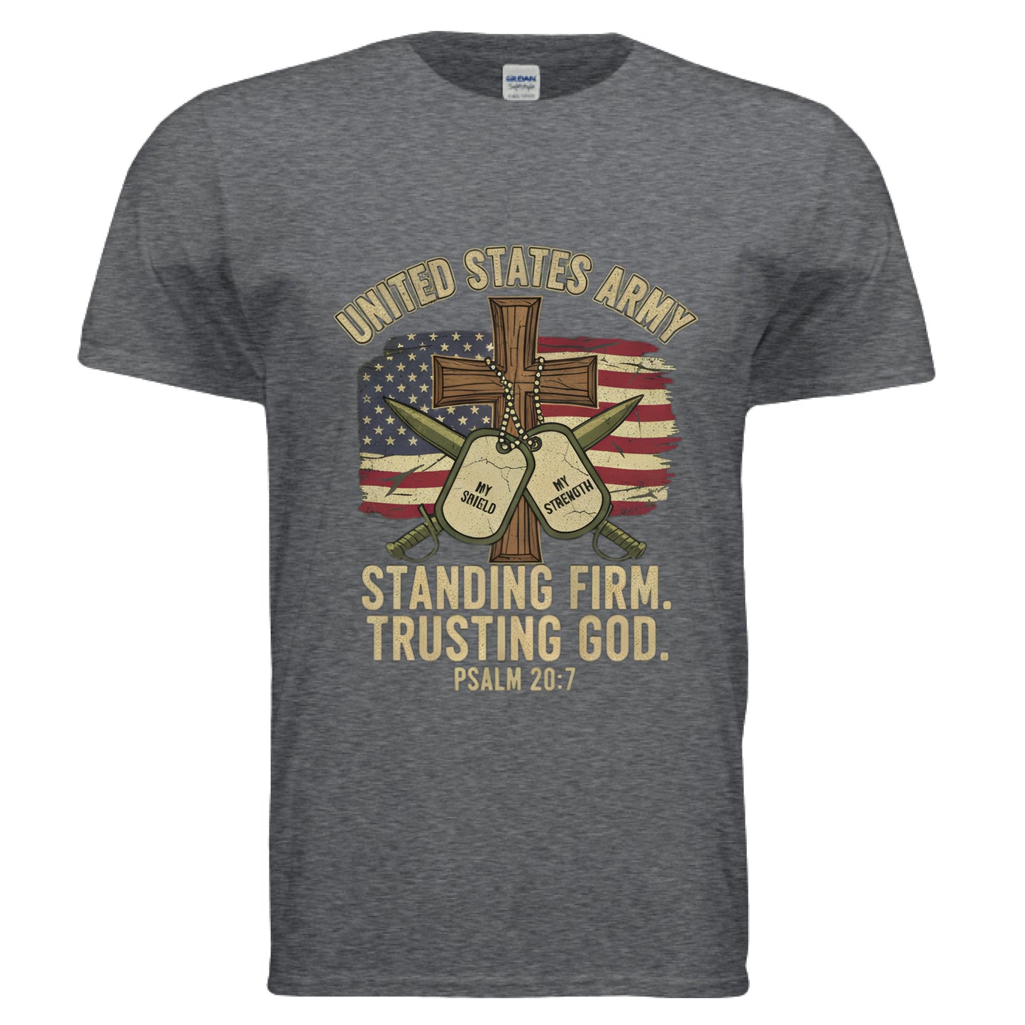 United States Army Standing Firm Trusting God Psalm 20:7 Faith T-Shirt DARK HEATHER Salvation Clothing and Accessories Apparel