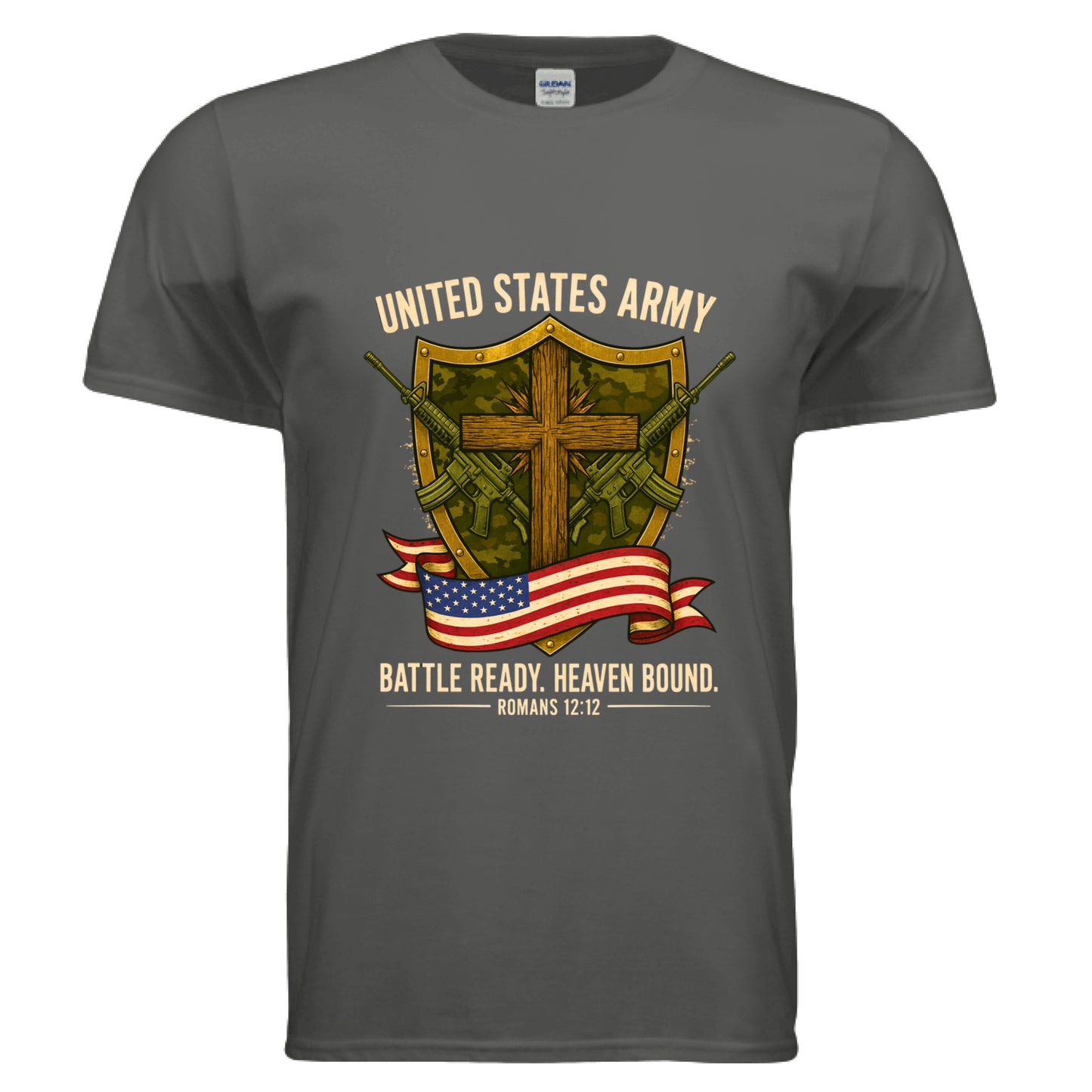 United States Army Battle Ready Romans 12:12 Faith T-Shirts CHARCOAL Salvation Clothing and Accessories Apparel