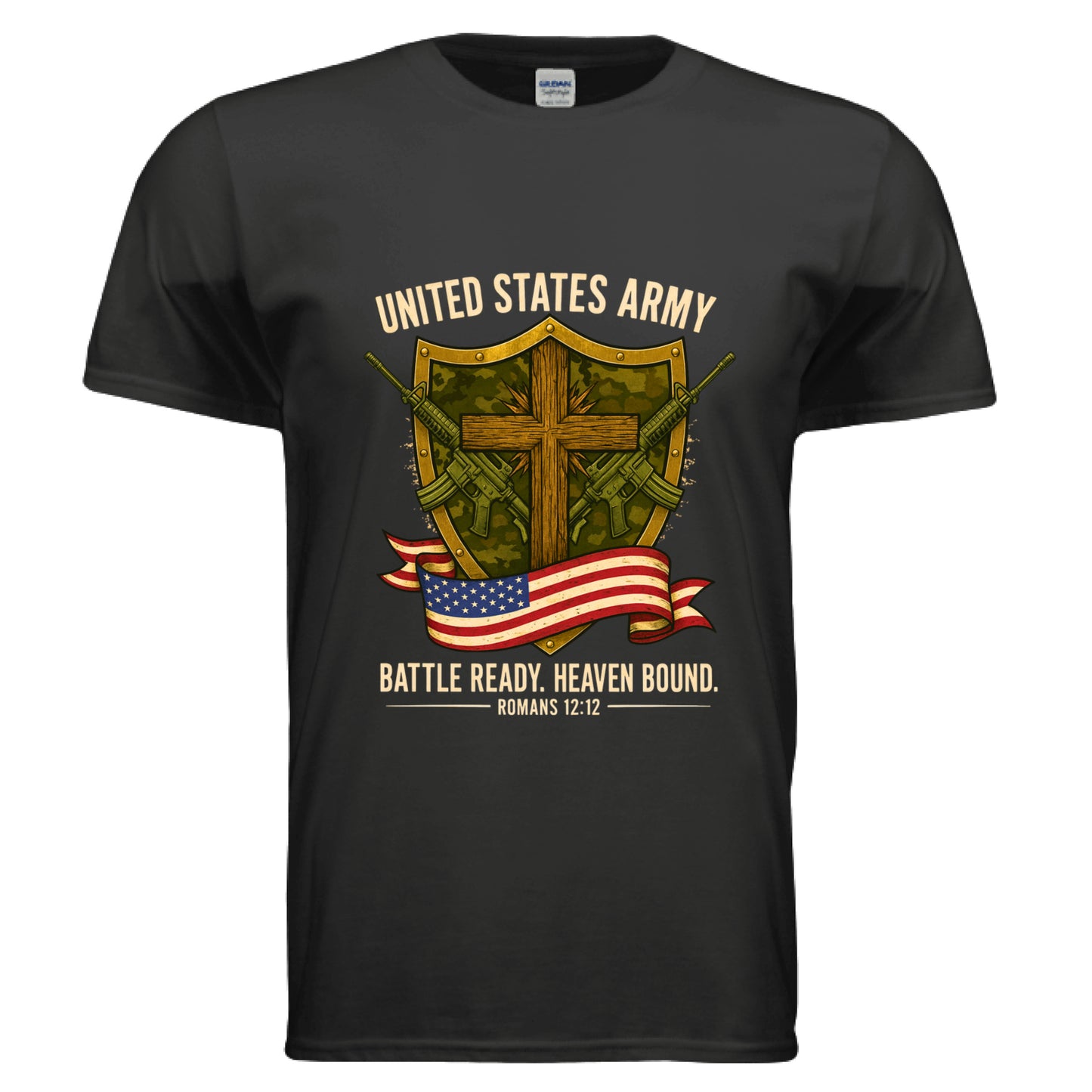 United States Army Battle Ready Romans 12:12 Faith T-Shirts BLACK Salvation Clothing and Accessories Apparel