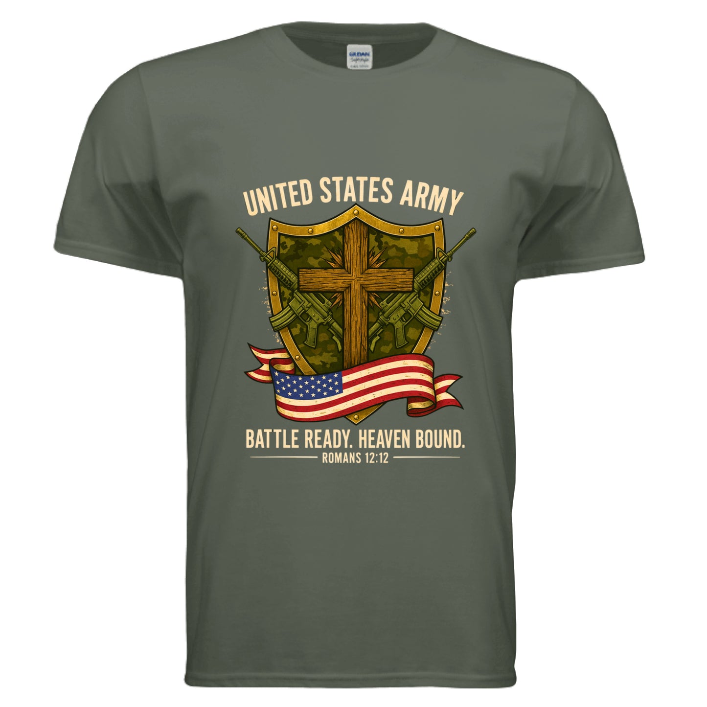 United States Army Battle Ready Romans 12:12 Faith T-Shirts MILITARY GREEN Salvation Clothing and Accessories Apparel