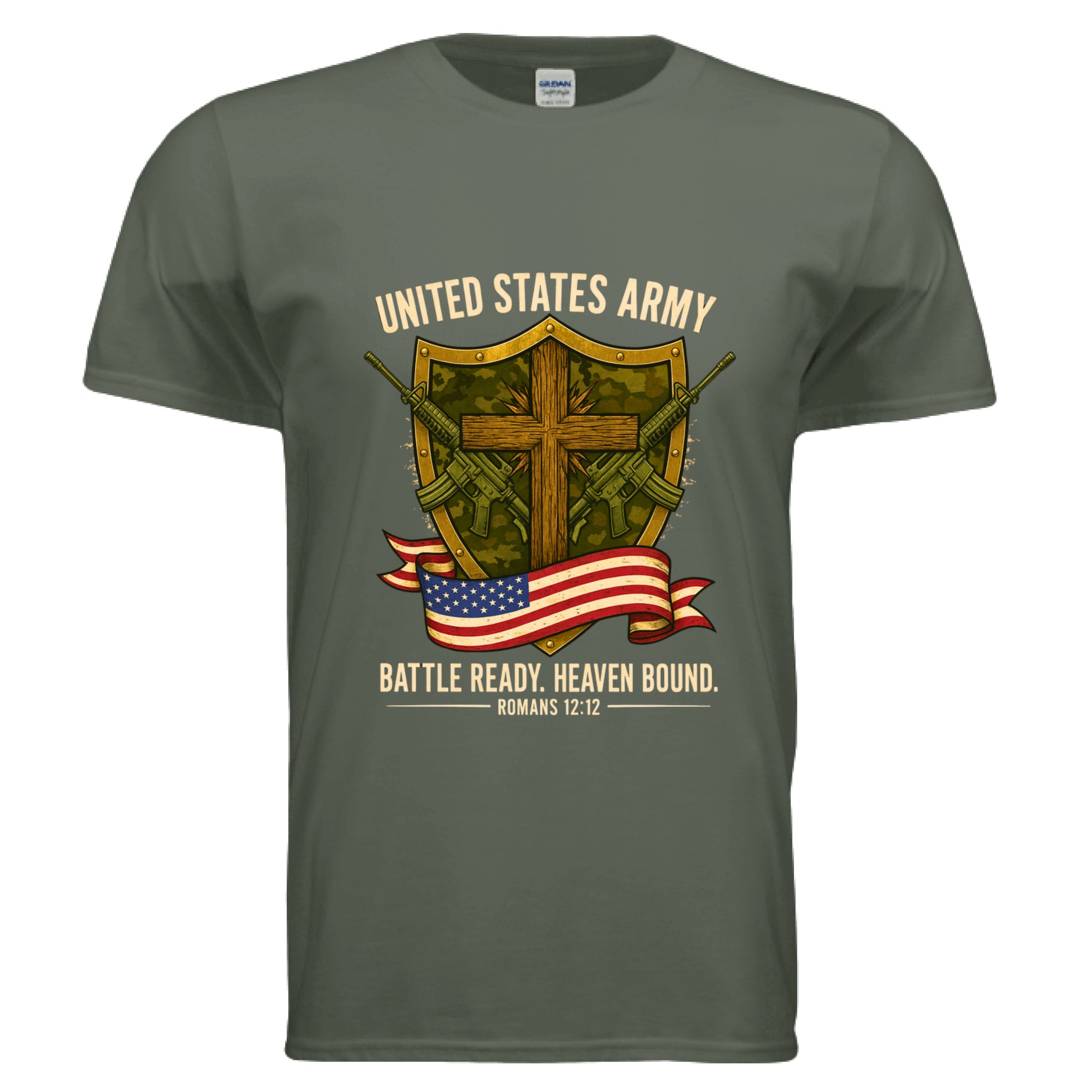 United States Army Battle Ready Romans 12:12 Faith T-Shirts MILITARY GREEN Salvation Clothing and Accessories Apparel