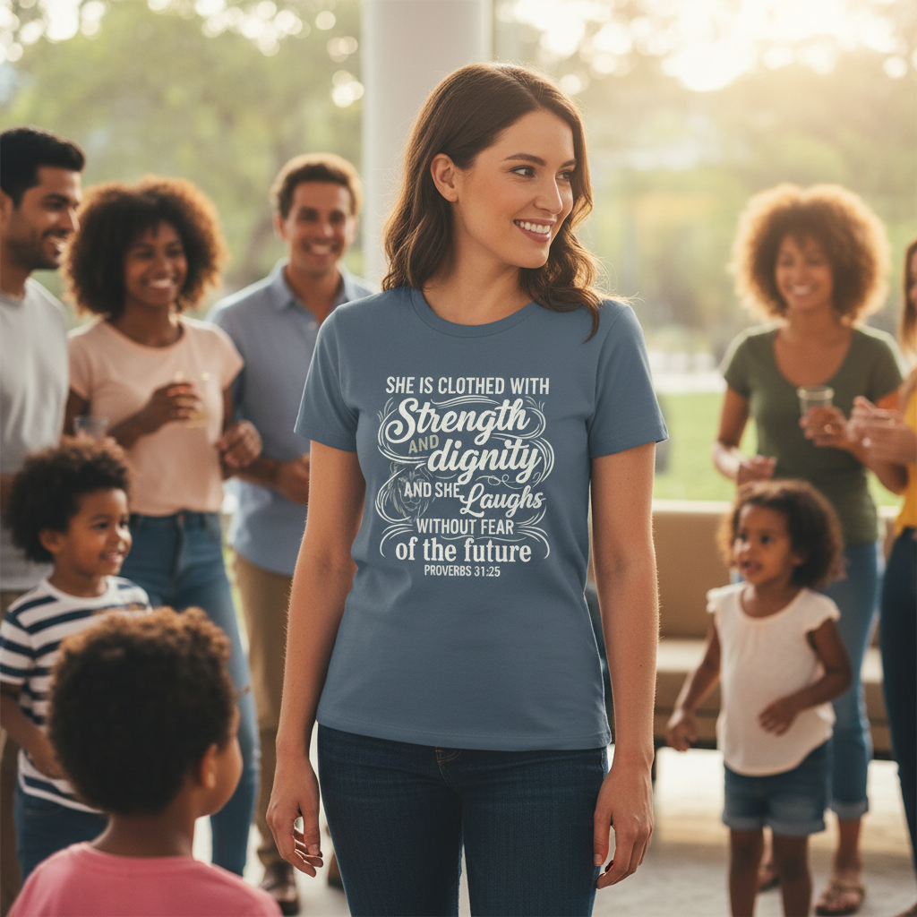 Strength and Dignity Proverbs 31:25 Faith T-Shirt Salvation Clothing and Accessories Apparel