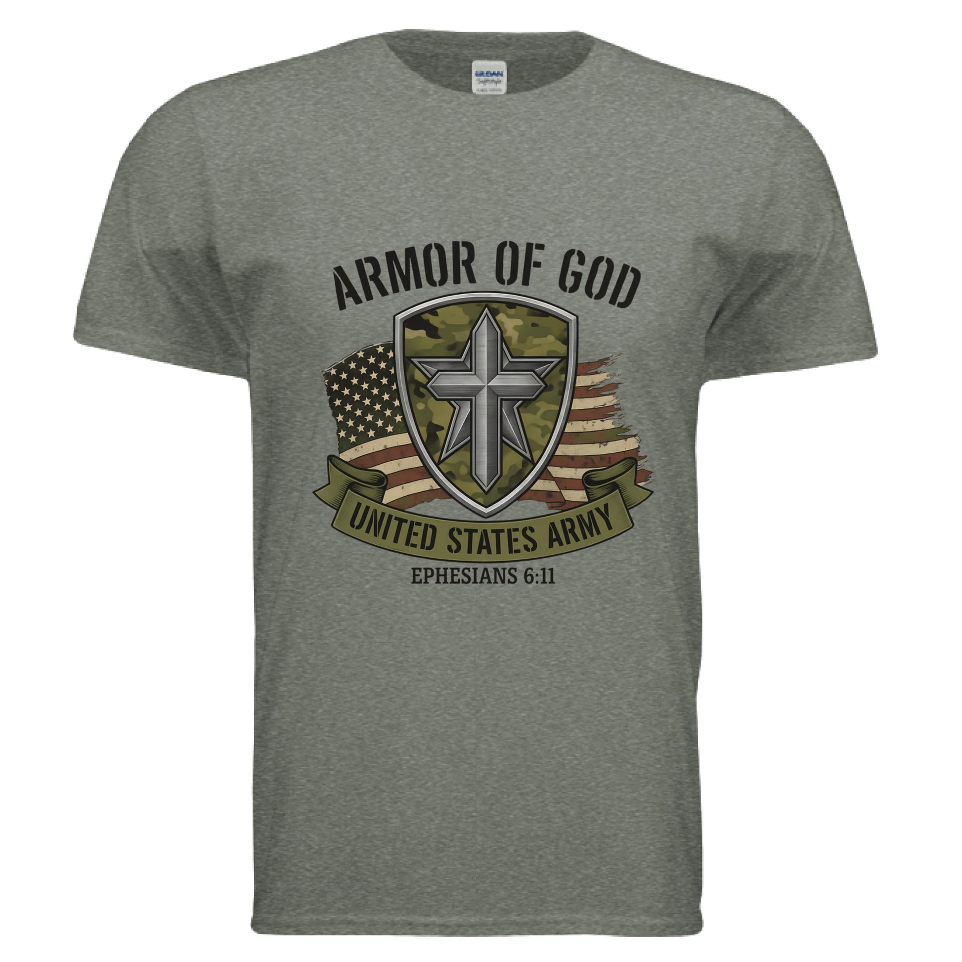 Armor of God United States Army Ephesians 6:11 Faith T-Shirt HEATHER MILITARY GREEN Salvation FaithWear Apparel