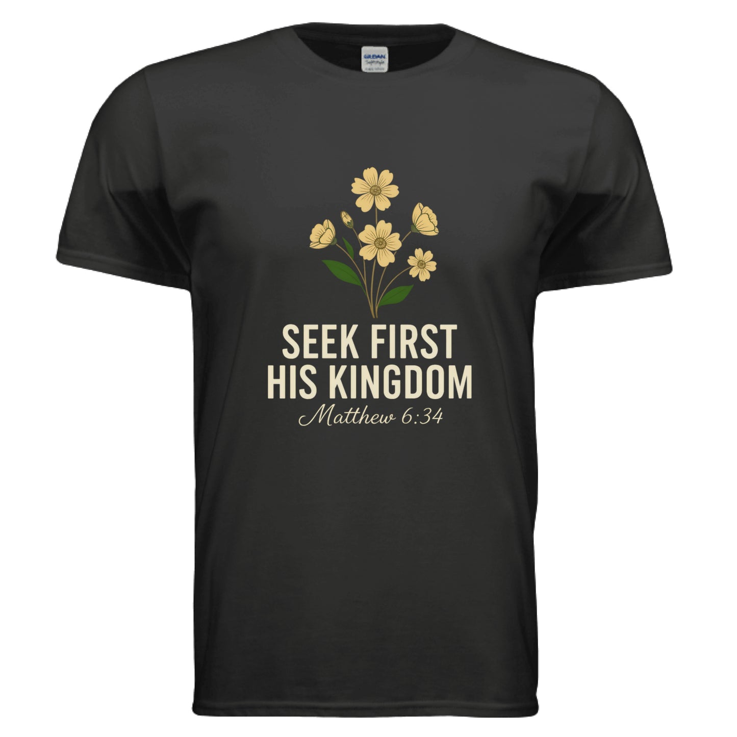 Seek First his Kingdom Matthew 6:34 Faith T-Shirt BLACK Salvation Clothing and Accessories Apparel