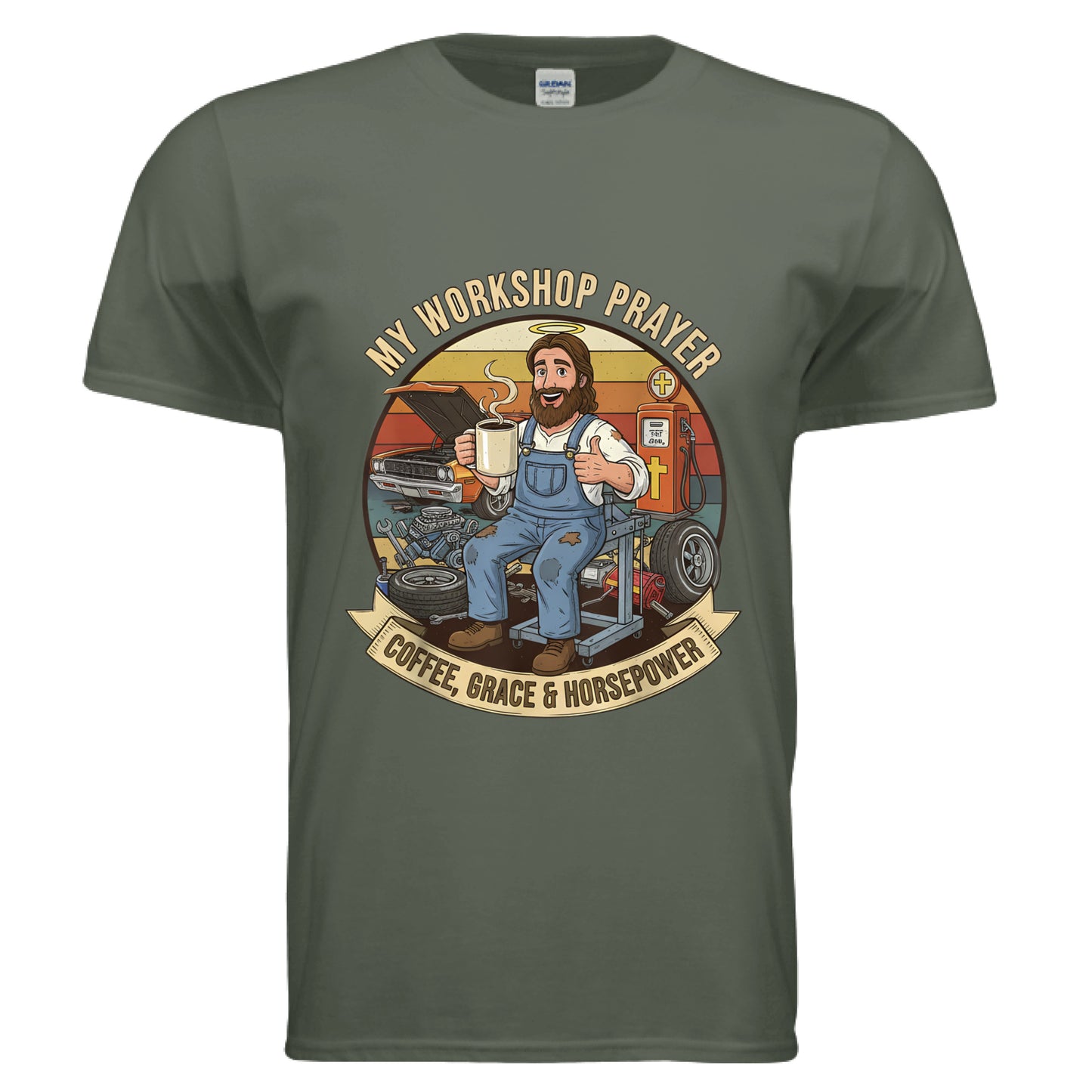 My Workshop Prayer Coffee Grace Horsepower Faith T-Shirt MILITARY GREEN Salvation Clothing and Accessories Apparel
