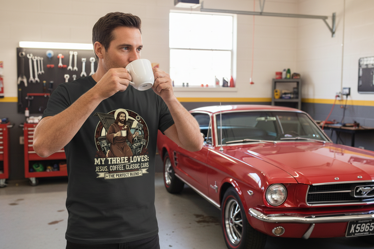 My Three Loves Jesus Coffee Classic Cars Faith T-Shirt Salvation Clothing and Accessories Apparel