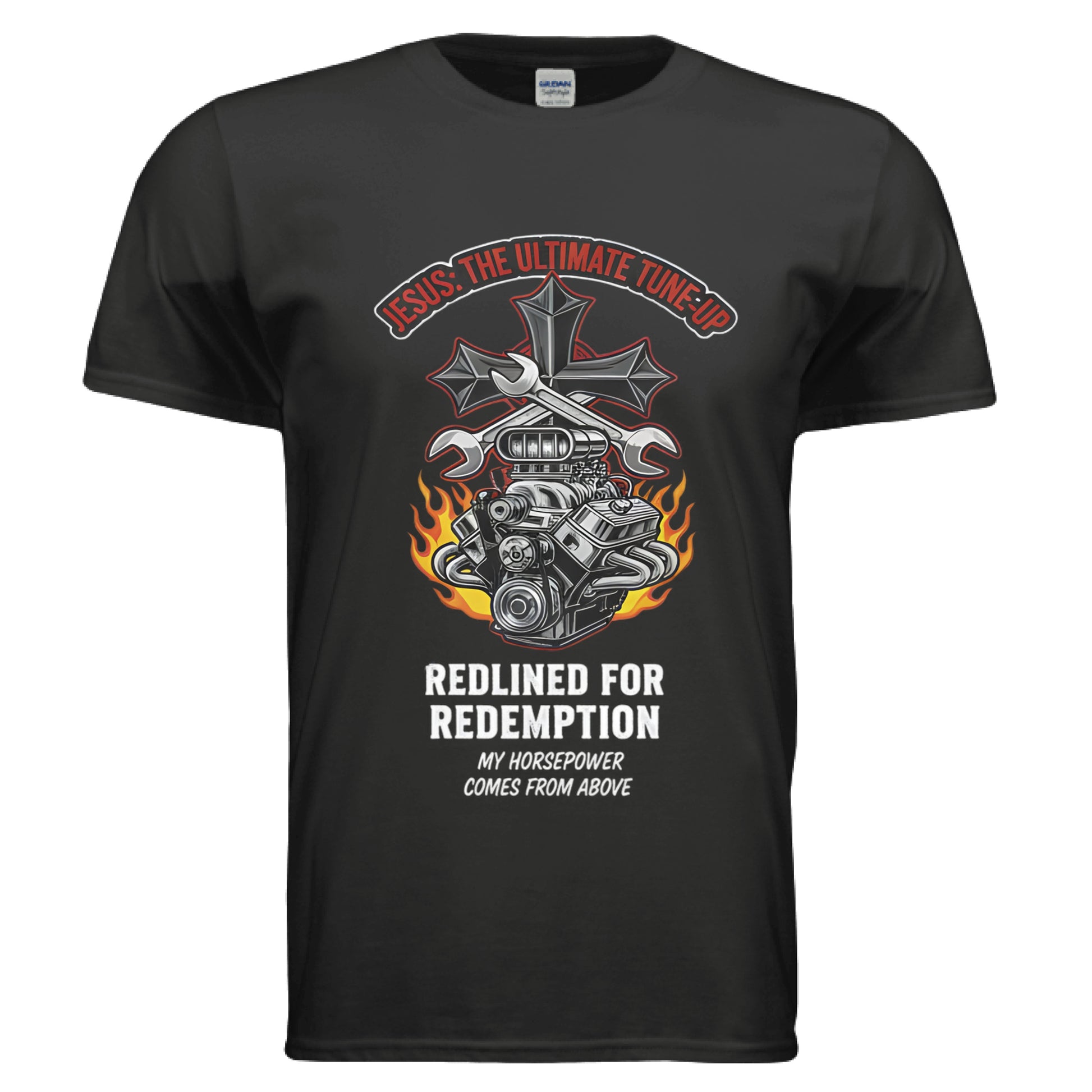 Jesus Tune up Redline for Redemption Faith T-Shirt (Car Guy) BLACK Salvation Clothing and Accessories Apparel