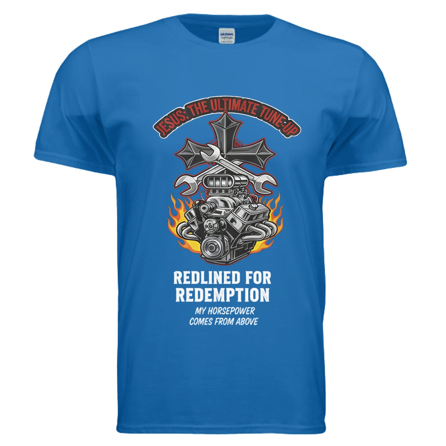 Jesus Tune up Redline for Redemption Faith T-Shirt (Car Guy) ROYAL Salvation Clothing and Accessories Apparel