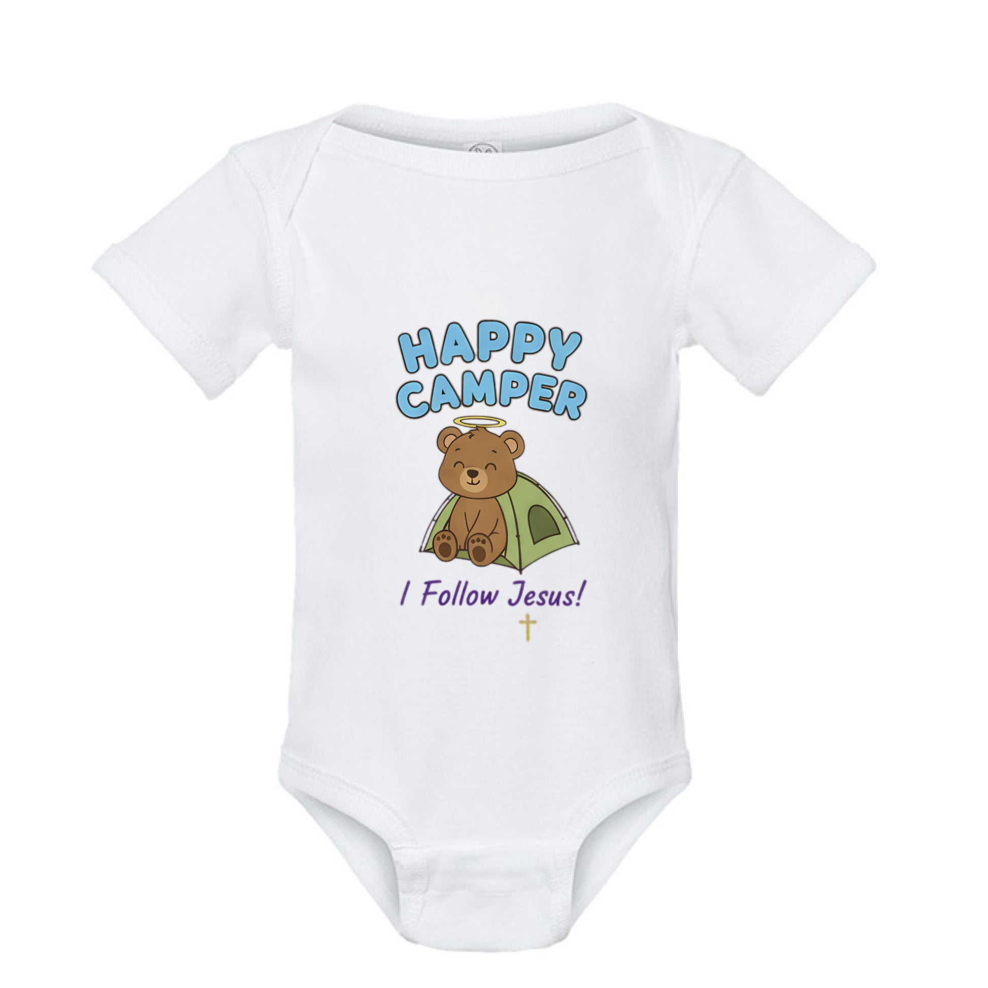Happy Camper I Follow Jesus Faith Onesie WHITE Salvation Clothing and Accessories Apparel