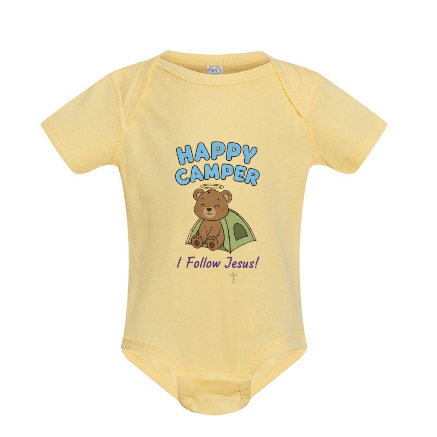 Happy Camper I Follow Jesus Faith Onesie BANANA Salvation Clothing and Accessories Apparel