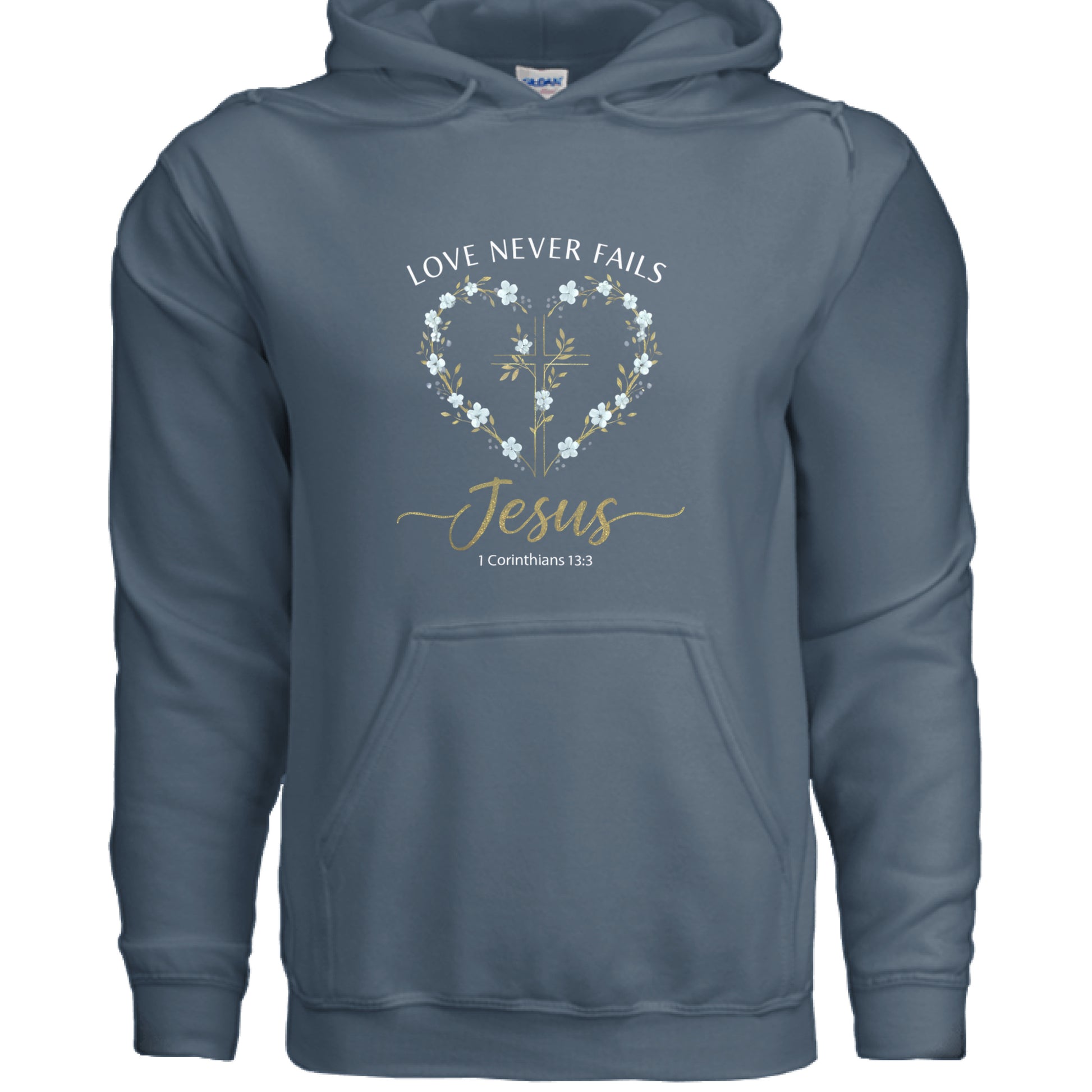 Love Never Fails Jesus 1 Corinthians 13:8 Faith Hoodie Salvation Clothing and Accessories Apparel