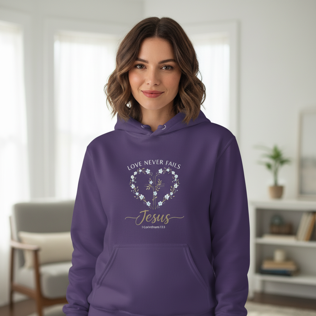 Love Never Fails Jesus 1 Corinthians 13:8 Faith Hoodie Salvation Clothing and Accessories Apparel