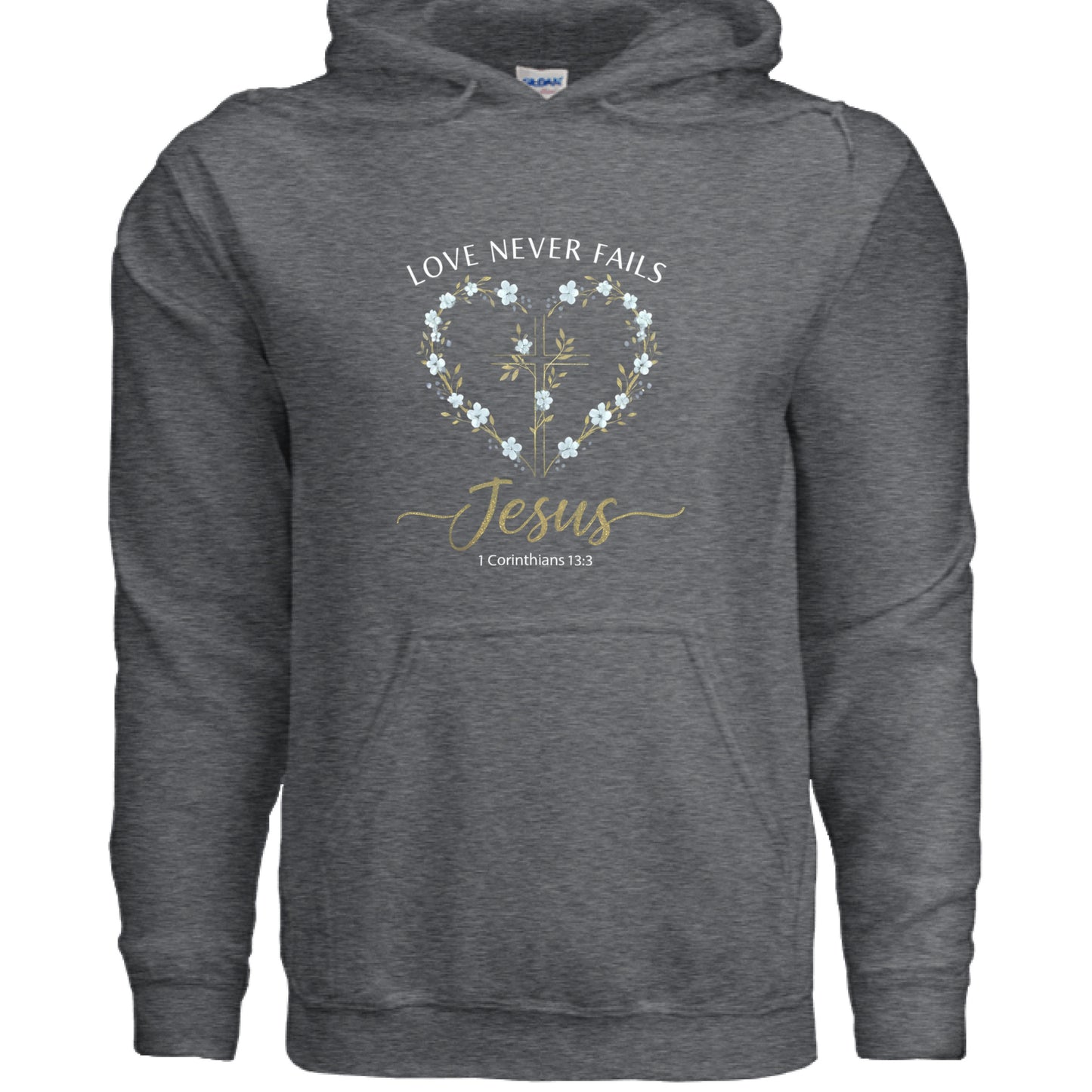Love Never Fails Jesus 1 Corinthians 13:8 Faith Hoodie DARK HEATHER Salvation Clothing and Accessories Apparel