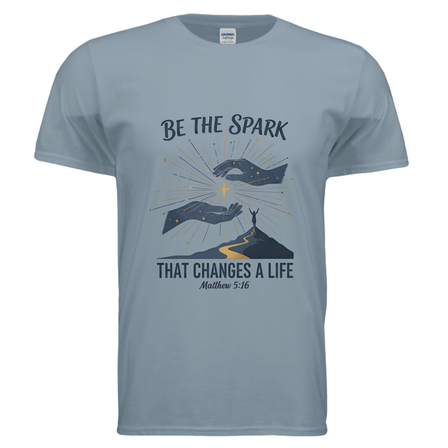 Be the Spark That Changes A Life Matthew 5:16 Faith T-Shirt Stone Blue Salvation Clothing and Accessories Apparel