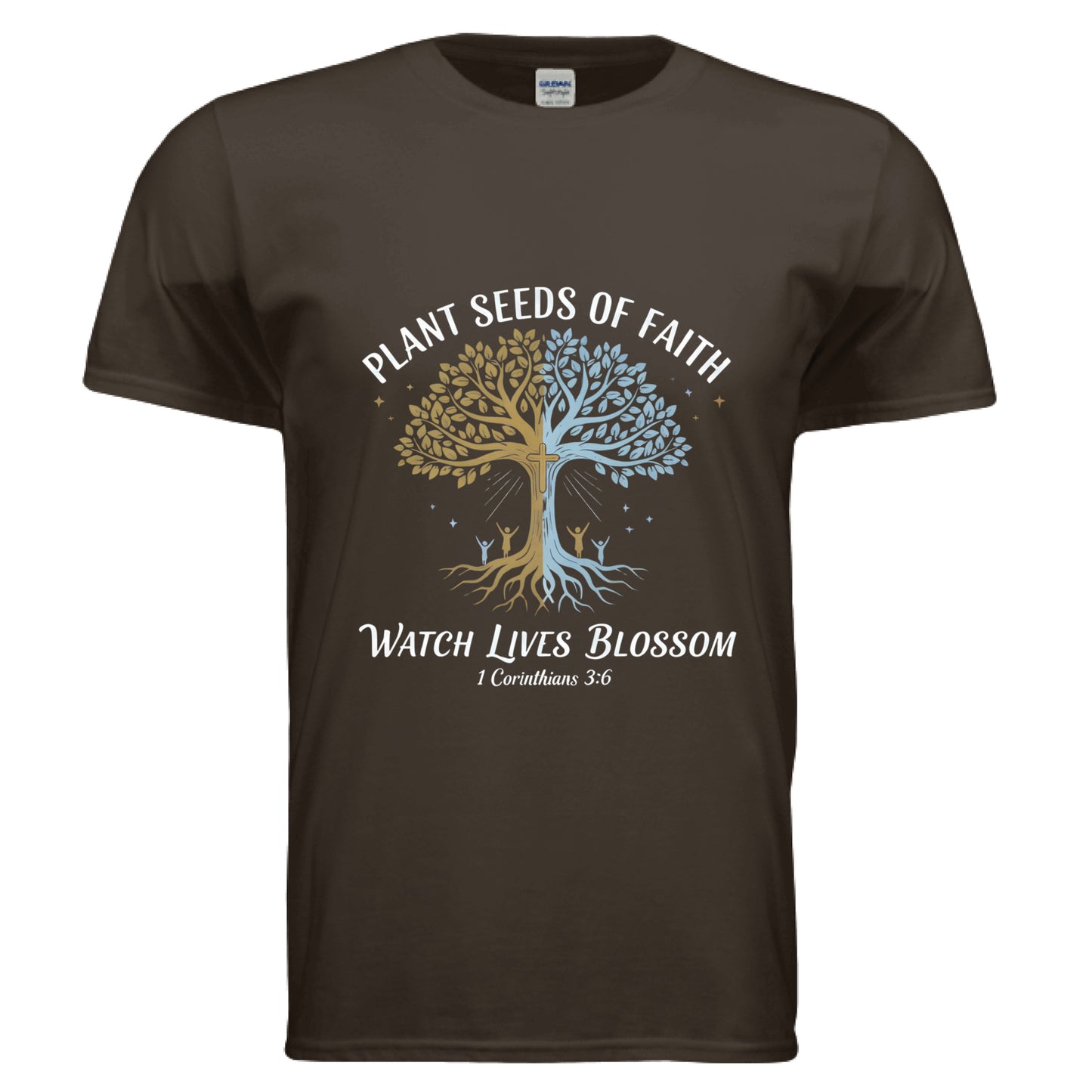 Plant Seeds Of Faith Watch Lives Blossom 1 Corinthians 3:6 Faith T-Shirt DARK CHOCOLATE Salvation Clothing and Accessories Apparel