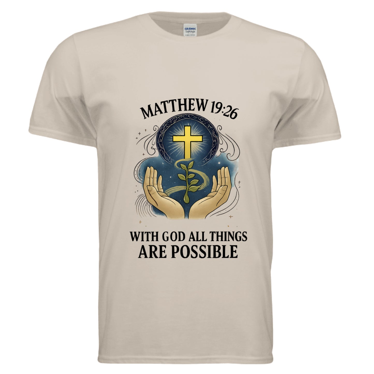 With God All Things are Possible Matthew 19:26 Faith T-Shirt SAND Salvation Clothing and Accessories Apparel