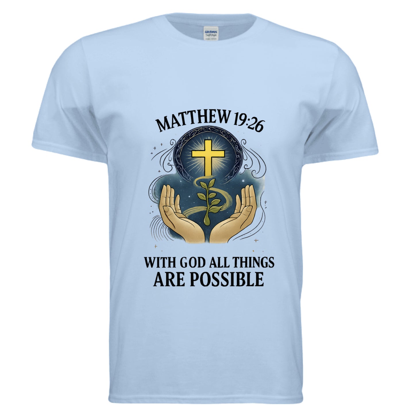With God All Things are Possible Matthew 19:26 Faith T-Shirt LIGHT BLUE Salvation Clothing and Accessories Apparel