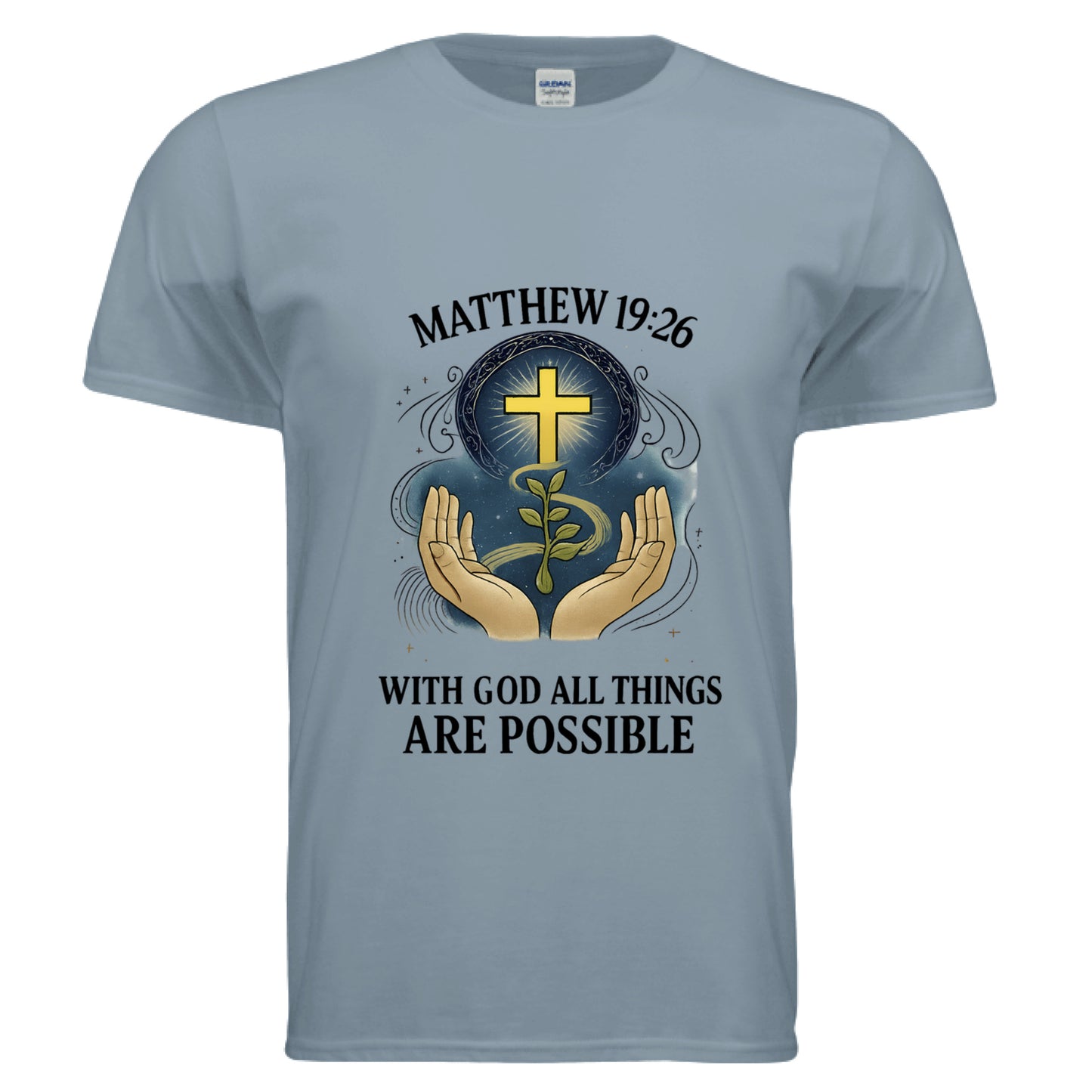 With God All Things are Possible Matthew 19:26 Faith T-Shirt Stone Blue Salvation Clothing and Accessories Apparel