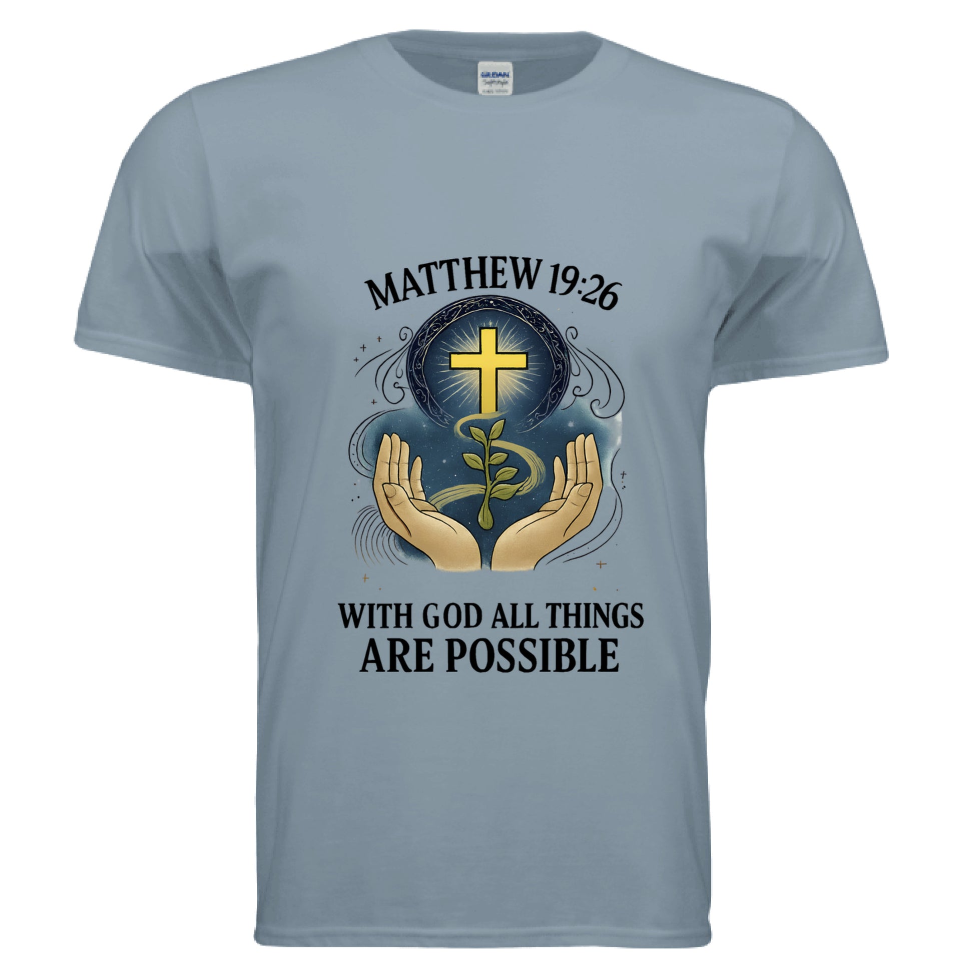With God All Things are Possible Matthew 19:26 Faith T-Shirt Stone Blue Salvation Clothing and Accessories Apparel