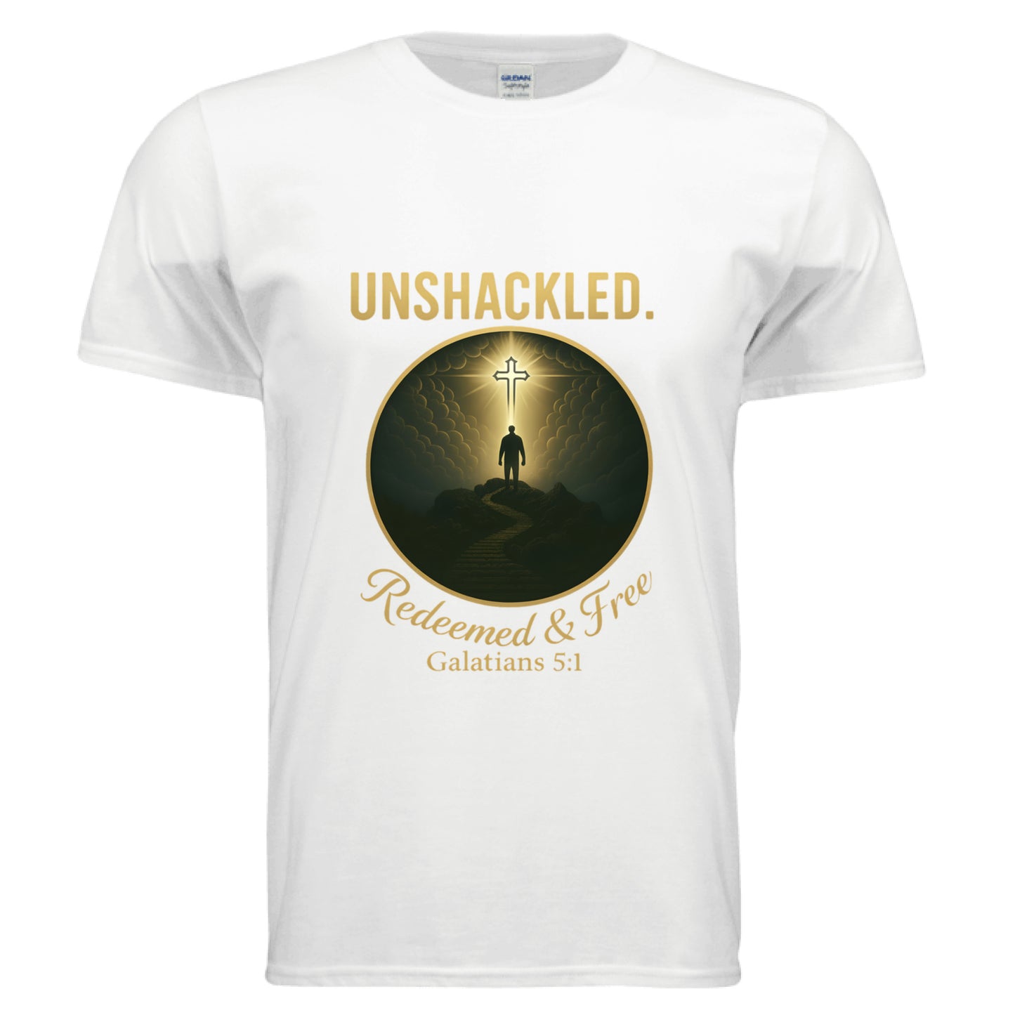 Unshackled Redeemed and Free Galatians 5:1 Faith T-Shirt WHITE Salvation Clothing and Accessories Apparel