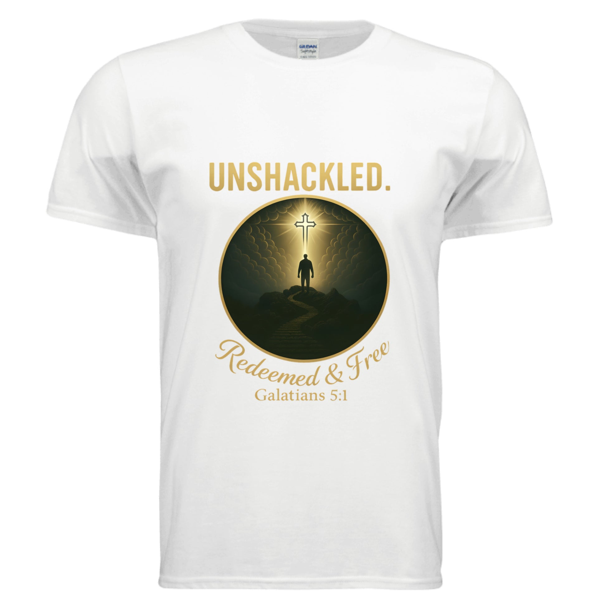 Unshackled Redeemed and Free Galatians 5:1 Faith T-Shirt WHITE Salvation Clothing and Accessories Apparel