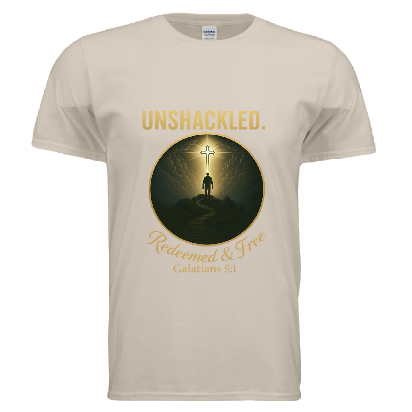 Unshackled Redeemed and Free Galatians 5:1 Faith T-Shirt SAND Salvation Clothing and Accessories Apparel