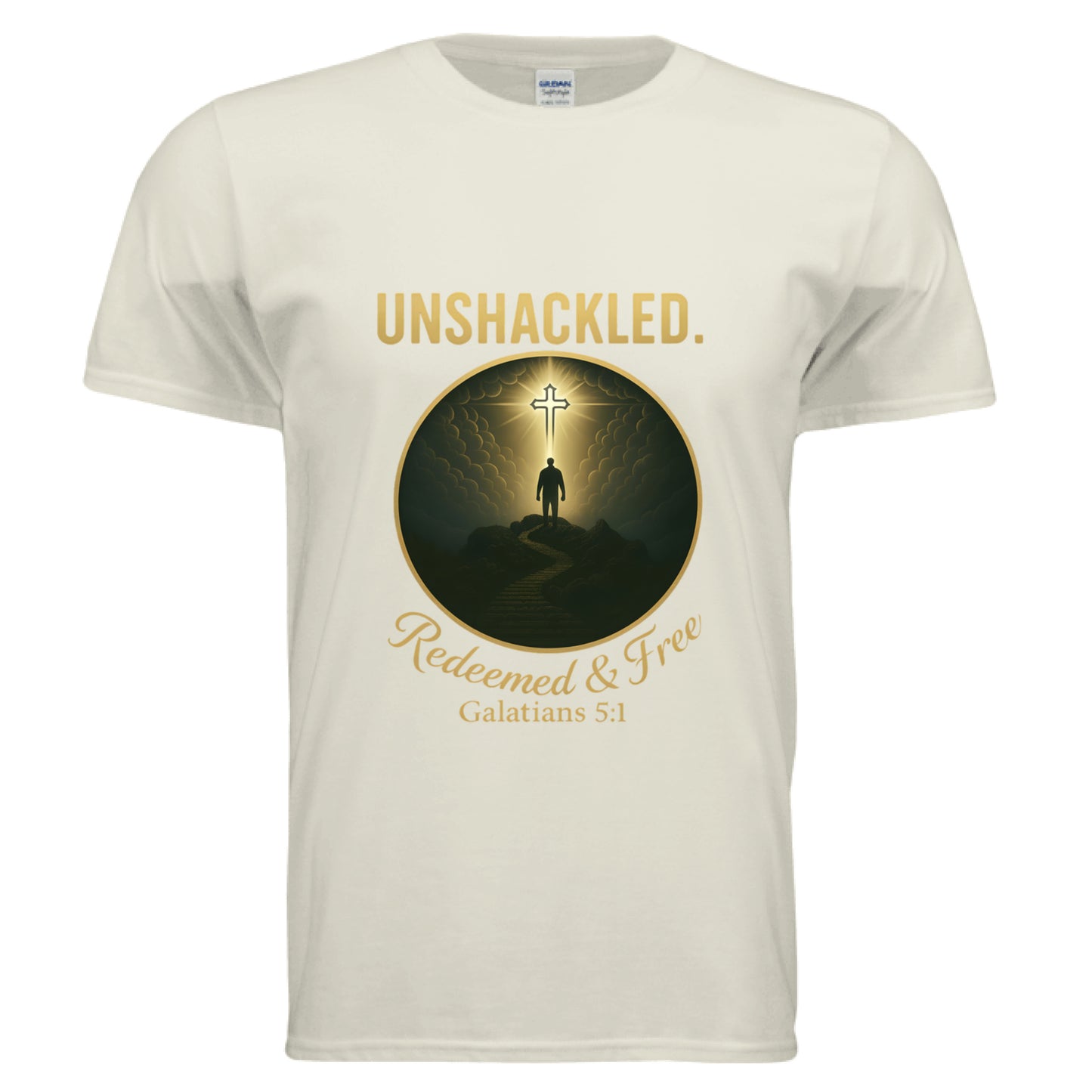 Unshackled Redeemed and Free Galatians 5:1 Faith T-Shirt NATURAL Salvation Clothing and Accessories Apparel