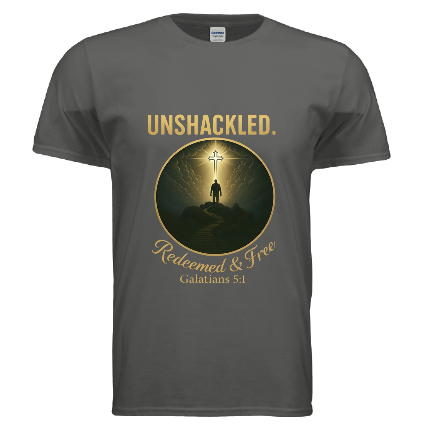 Unshackled Redeemed and Free Galatians 5:1 Faith T-Shirt CHARCOAL Salvation Clothing and Accessories Apparel