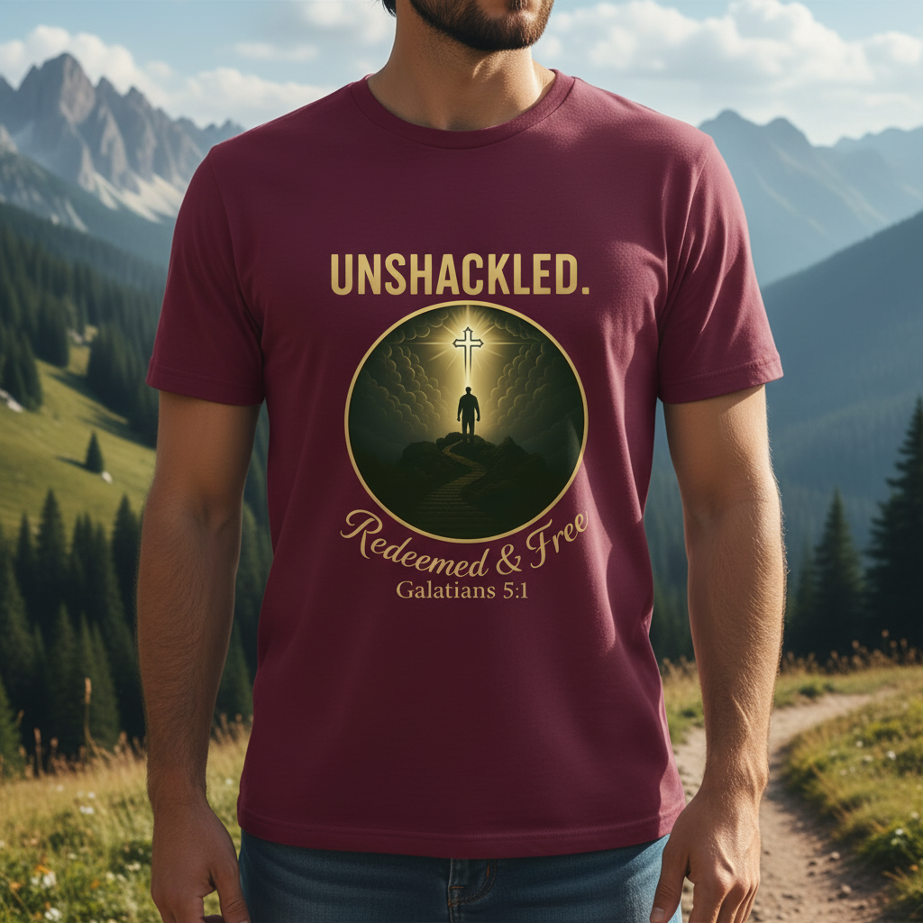 Unshackled Redeemed and Free Galatians 5:1 Faith T-Shirt Salvation Clothing and Accessories Apparel