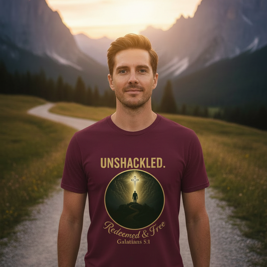 Unshackled Redeemed and Free Galatians 5:1 Faith T-Shirt Salvation FaithWear Apparel