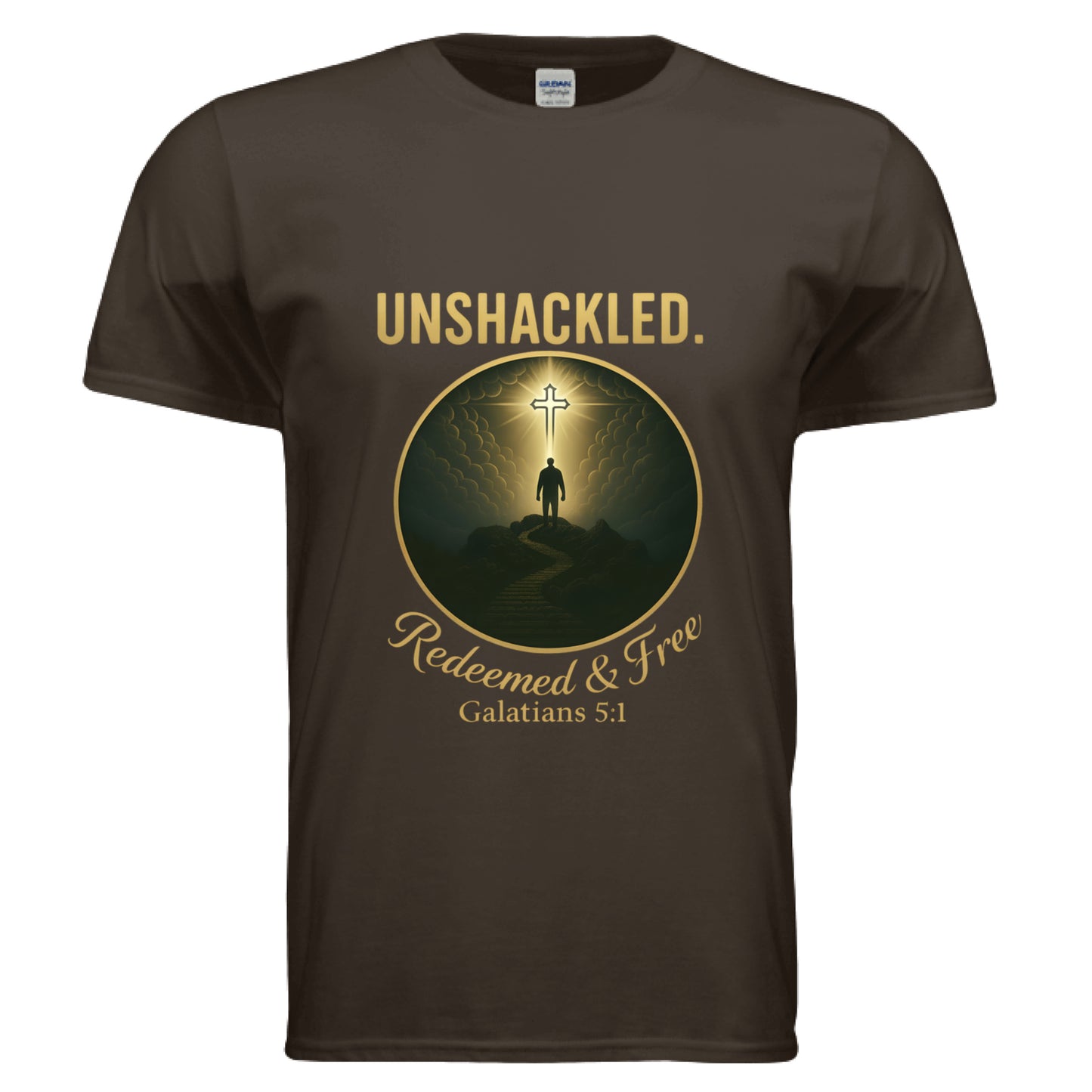 Unshackled Redeemed and Free Galatians 5:1 Faith T-Shirt DARK CHOCOLATE Salvation Clothing and Accessories Apparel