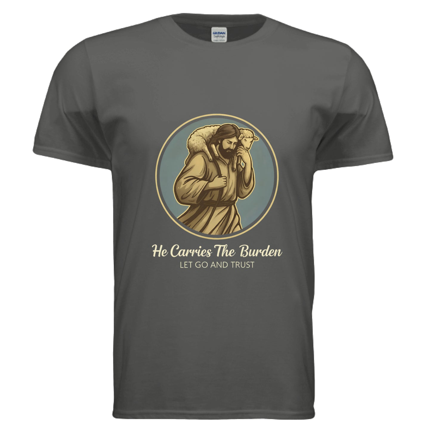 He Carries the Burden Faith T-Shirt CHARCOAL Salvation Clothing and Accessories Apparel
