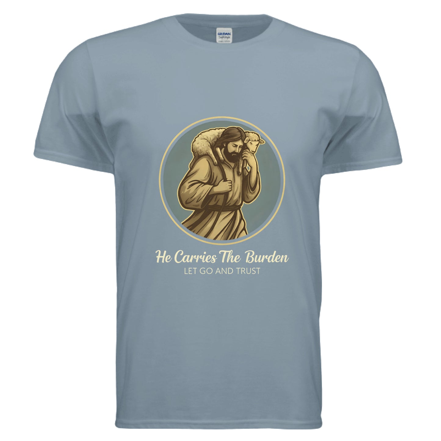 He Carries the Burden Faith T-Shirt Stone Blue Salvation Clothing and Accessories Apparel