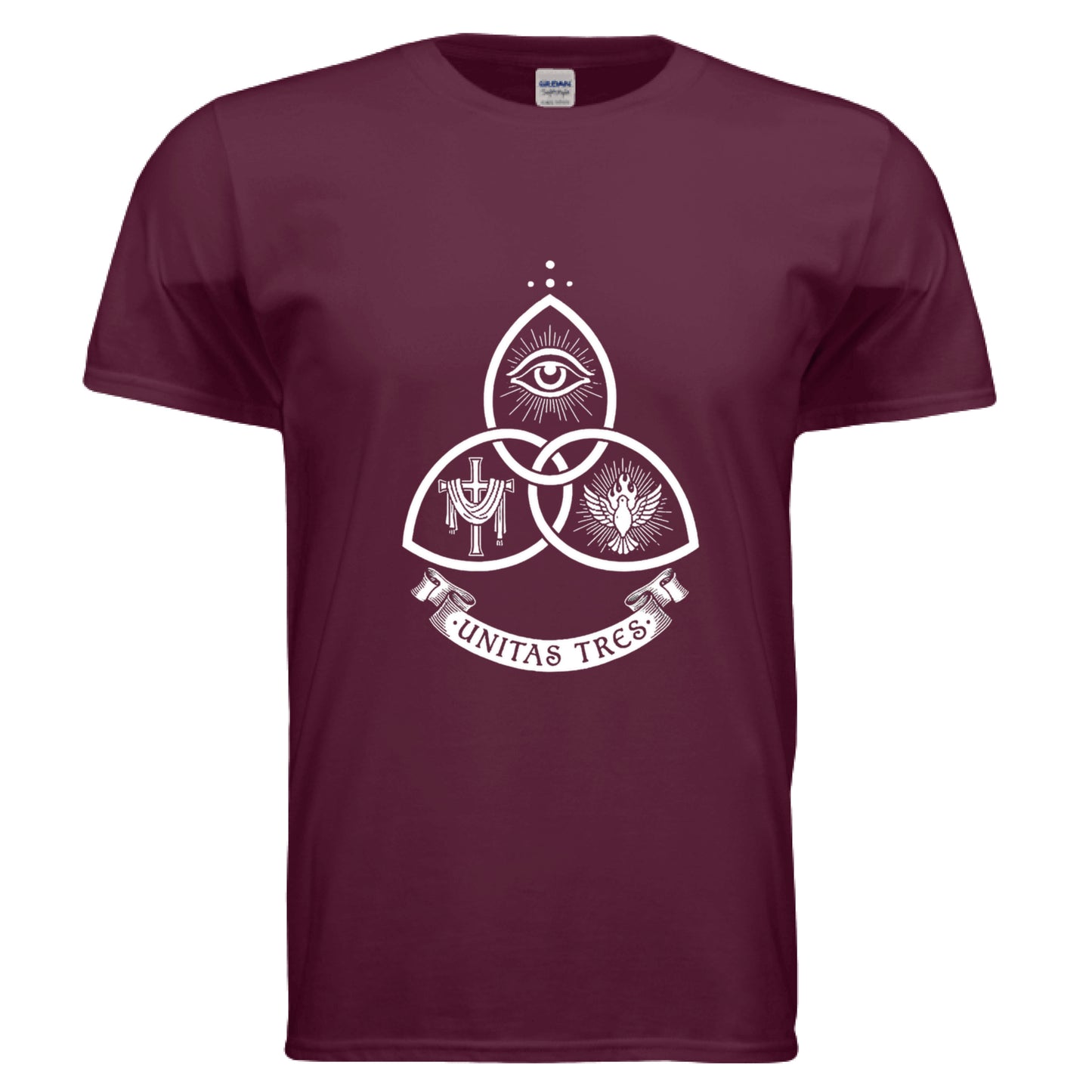 Unitas Tres Faith T-Shirt MAROON Salvation Clothing and Accessories Apparel