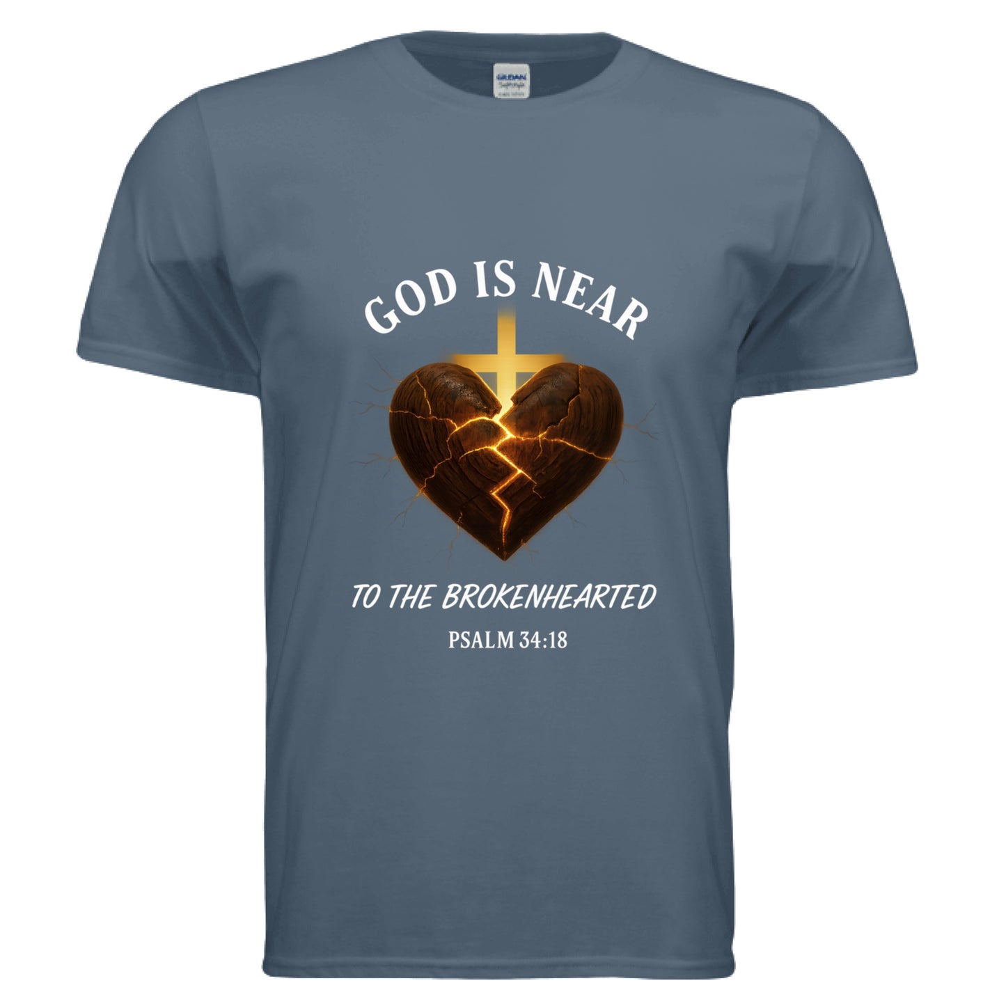 God is Near to the Brokenhearted Psalm 34:18 Faith T-Shirt INDIGO BLUE Salvation Clothing and Accessories Apparel