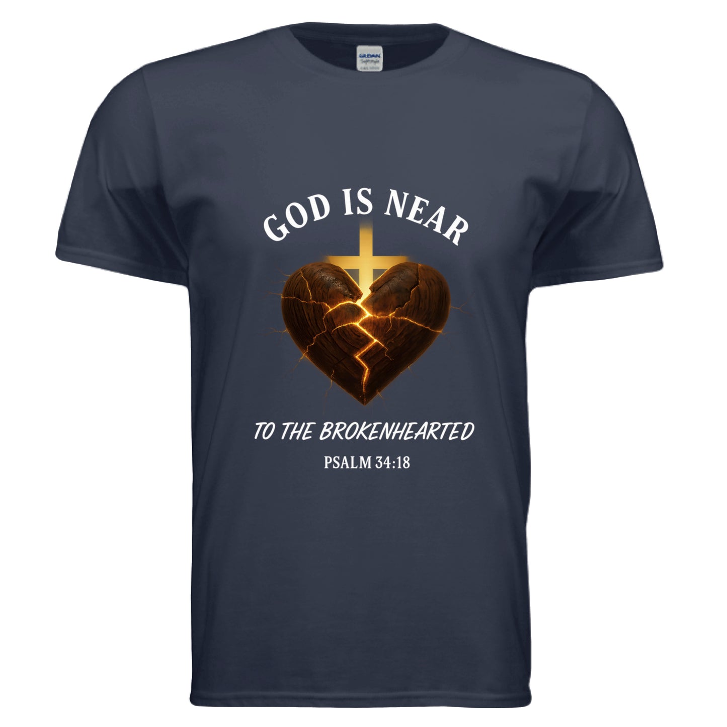 God is Near to the Brokenhearted Psalm 34:18 Faith T-Shirt NAVY Salvation Clothing and Accessories Apparel