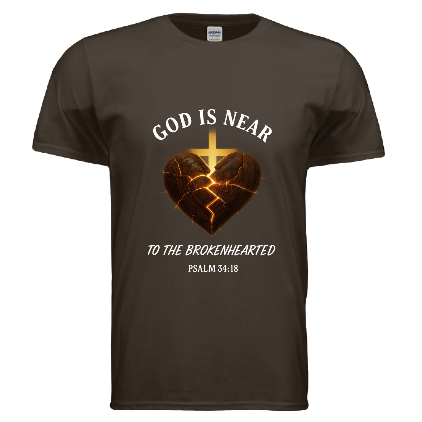 God is Near to the Brokenhearted Psalm 34:18 Faith T-Shirt DARK CHOCOLATE Salvation Clothing and Accessories Apparel