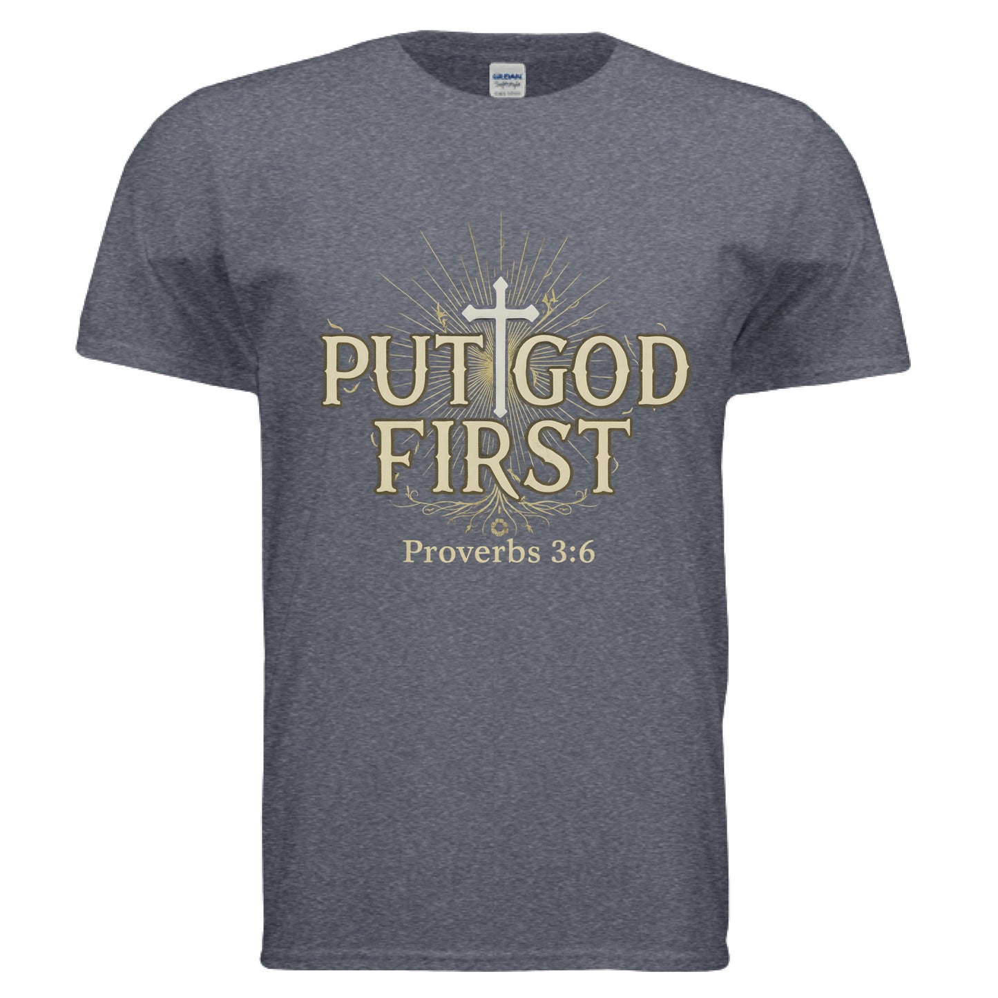 Put God First Faith T-Shirt HEATHER NAVY Salvation Clothing and Accessories Apparel