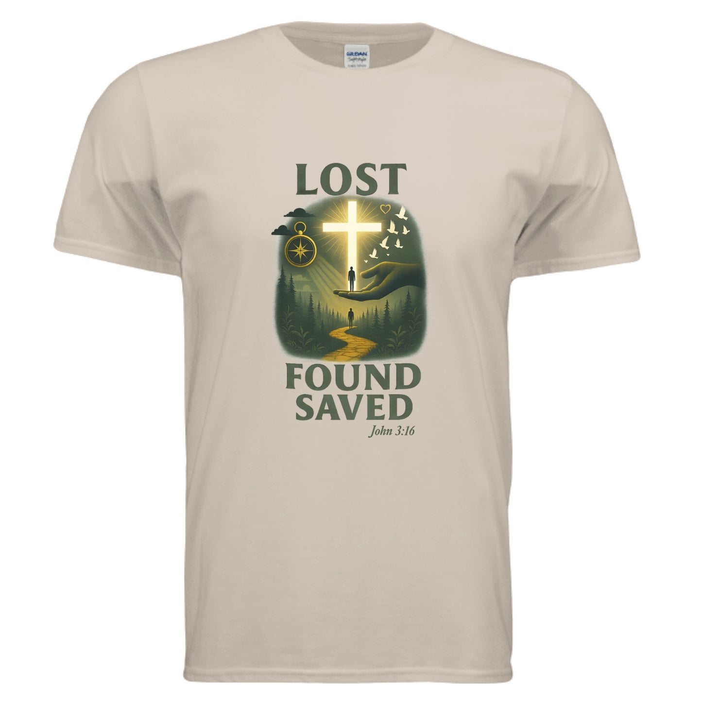 Lost Found Saved John 3:16 Faith T-shirt SAND Salvation Clothing and Accessories Apparel