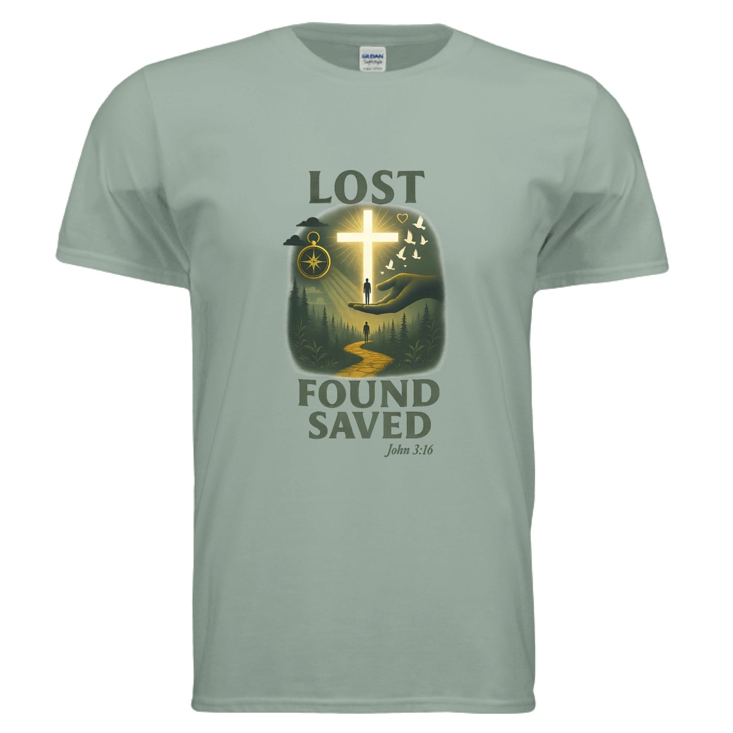 Lost Found Saved John 3:16 Faith T-shirt Sage Salvation Clothing and Accessories Apparel