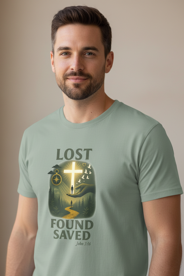 Lost Found Saved John 3:16 Faith T-shirt Salvation Clothing and Accessories Apparel