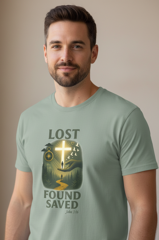 Lost Found Saved John 3:16 Faith T-shirt Salvation Clothing and Accessories Apparel